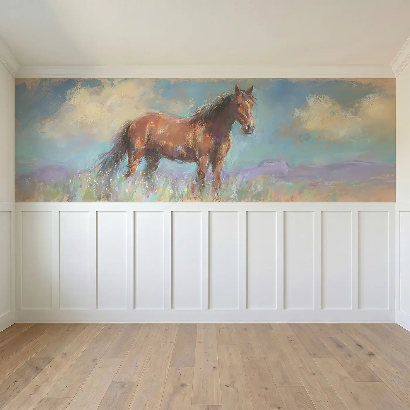 Full panel view of Pastel Horse Prairie Gentle Wainscoting Wallpaper by Whimsy Tots