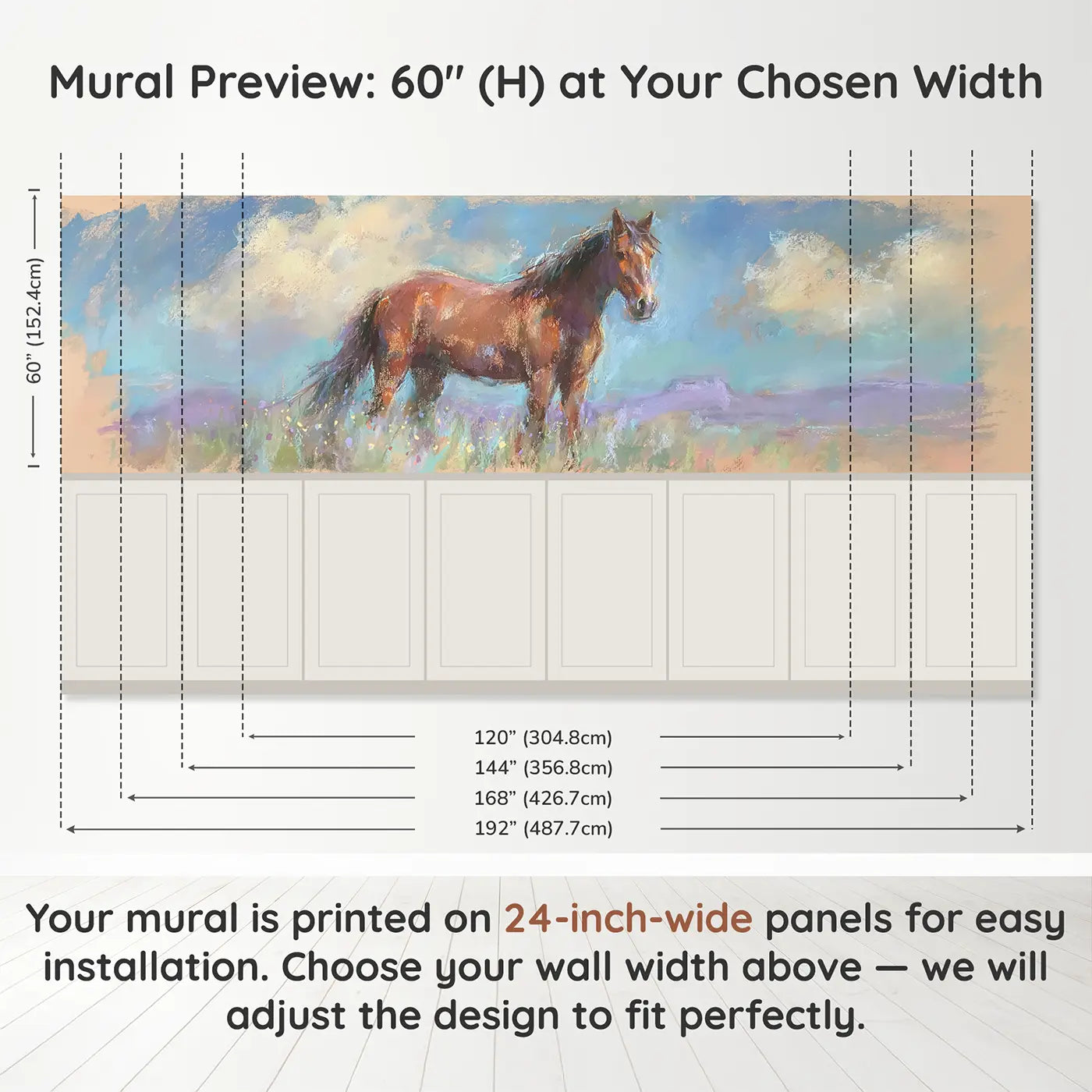 Panel dimensions for Pastel Horse Prairie Gentle Wainscoting Wallpaper by Whimsy Tots