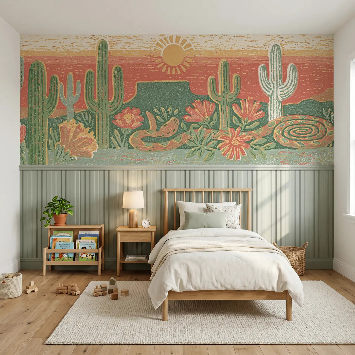 Block Print carved cactus desert band wainscoting wallpaper for bedroom by Whimsy Tots