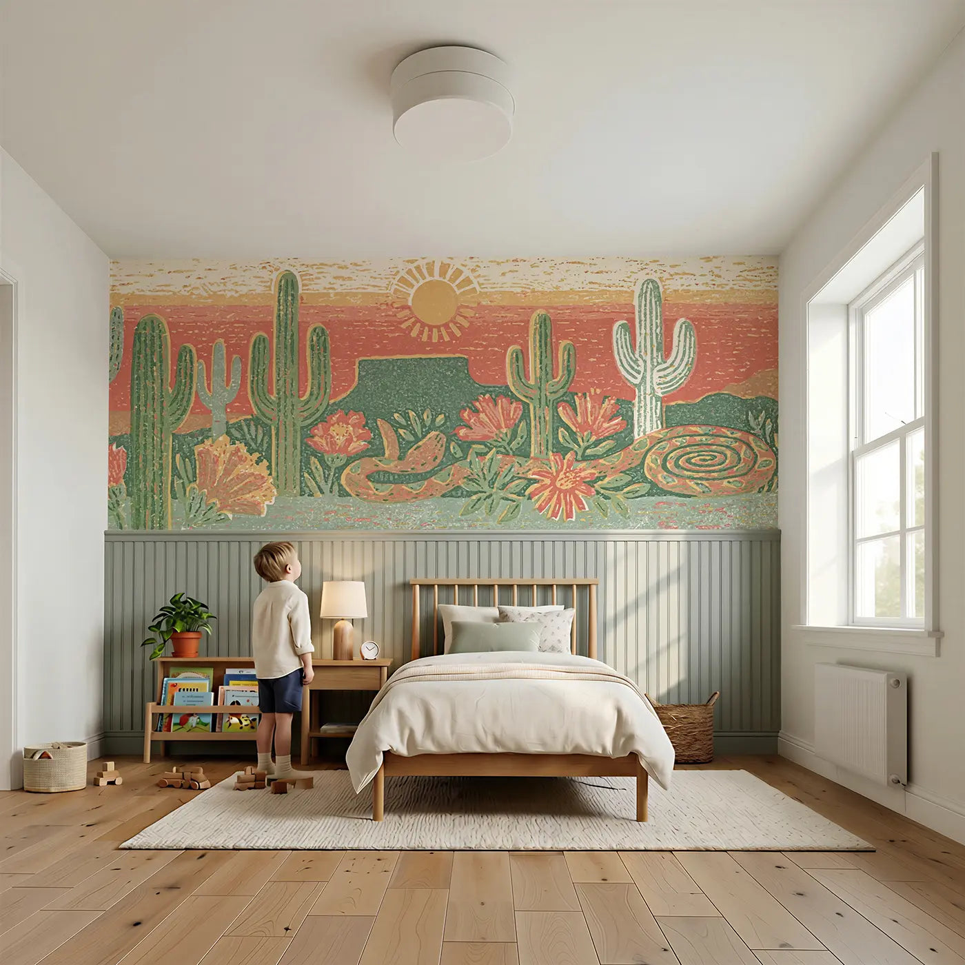 Child reading near Carved Cactus Desert Band Wainscoting Wallpaper by Whimsy Tots