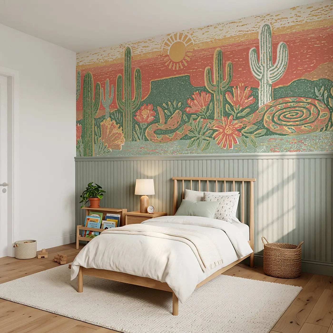 Carved Cactus Desert Band Wainscoting Wallpaper styled in a kids bedroom by Whimsy Tots