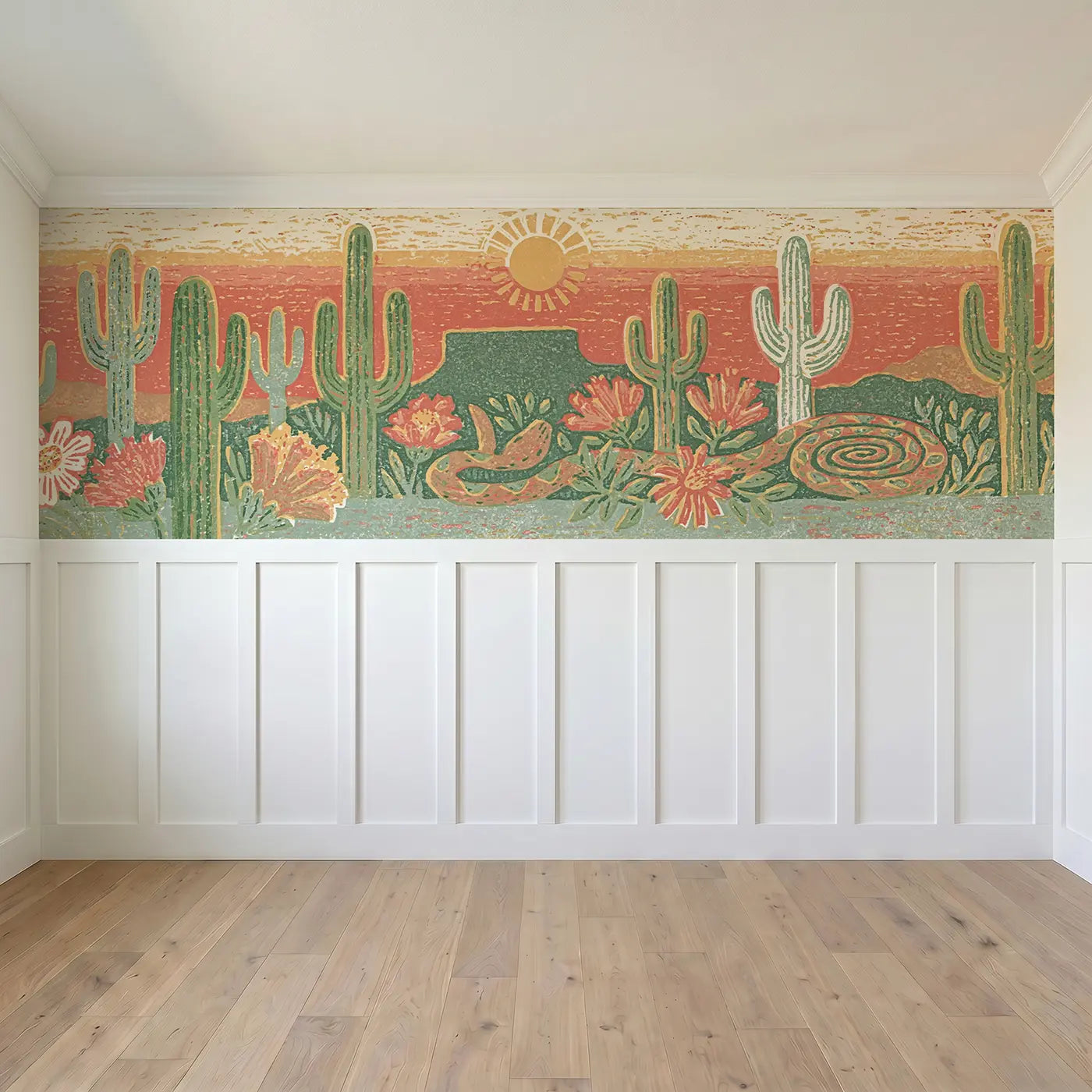 Full panel view of Carved Cactus Desert Band Wainscoting Wallpaper by Whimsy Tots