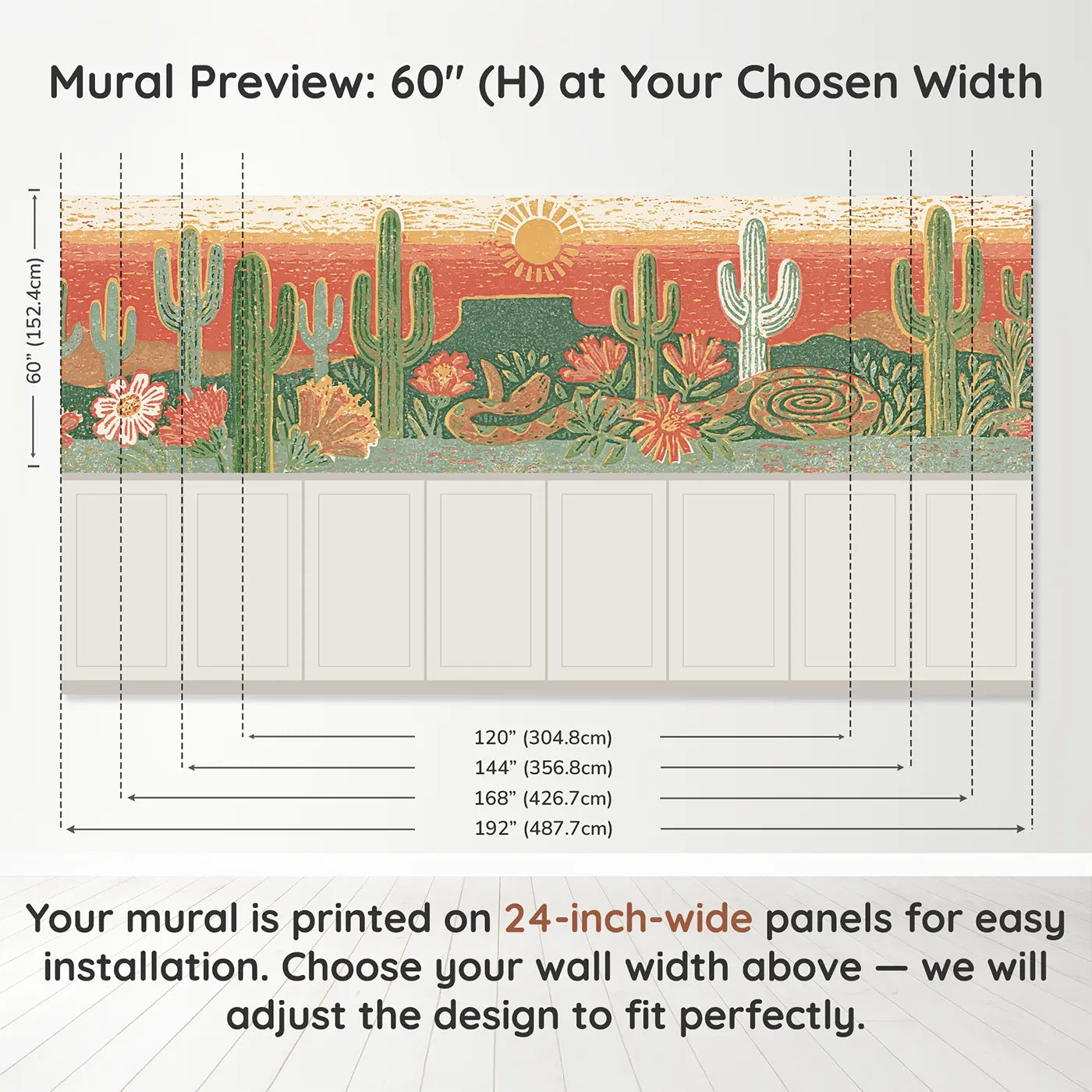 Panel dimensions for Carved Cactus Desert Band Wainscoting Wallpaper by Whimsy Tots
