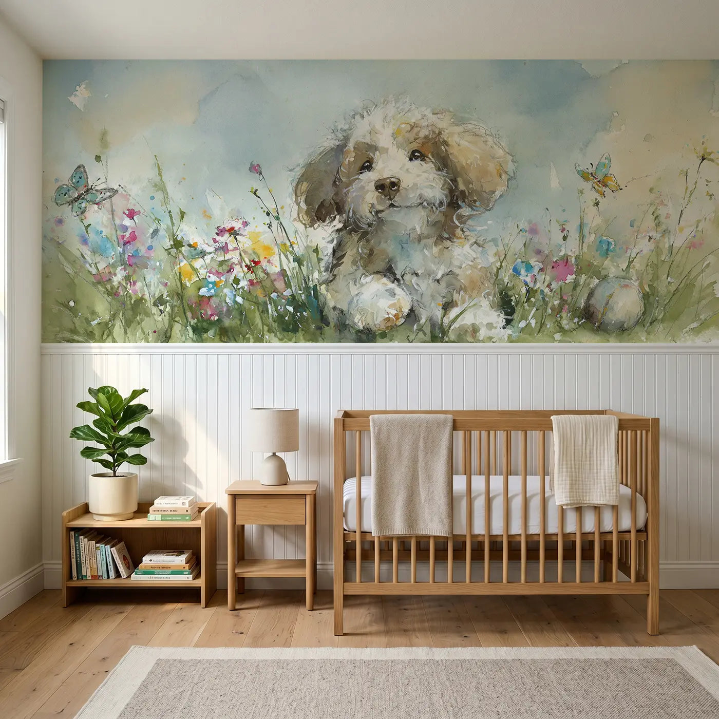 Watercolor puppy garden play day wainscoting wallpaper for nursery by Whimsy Tots