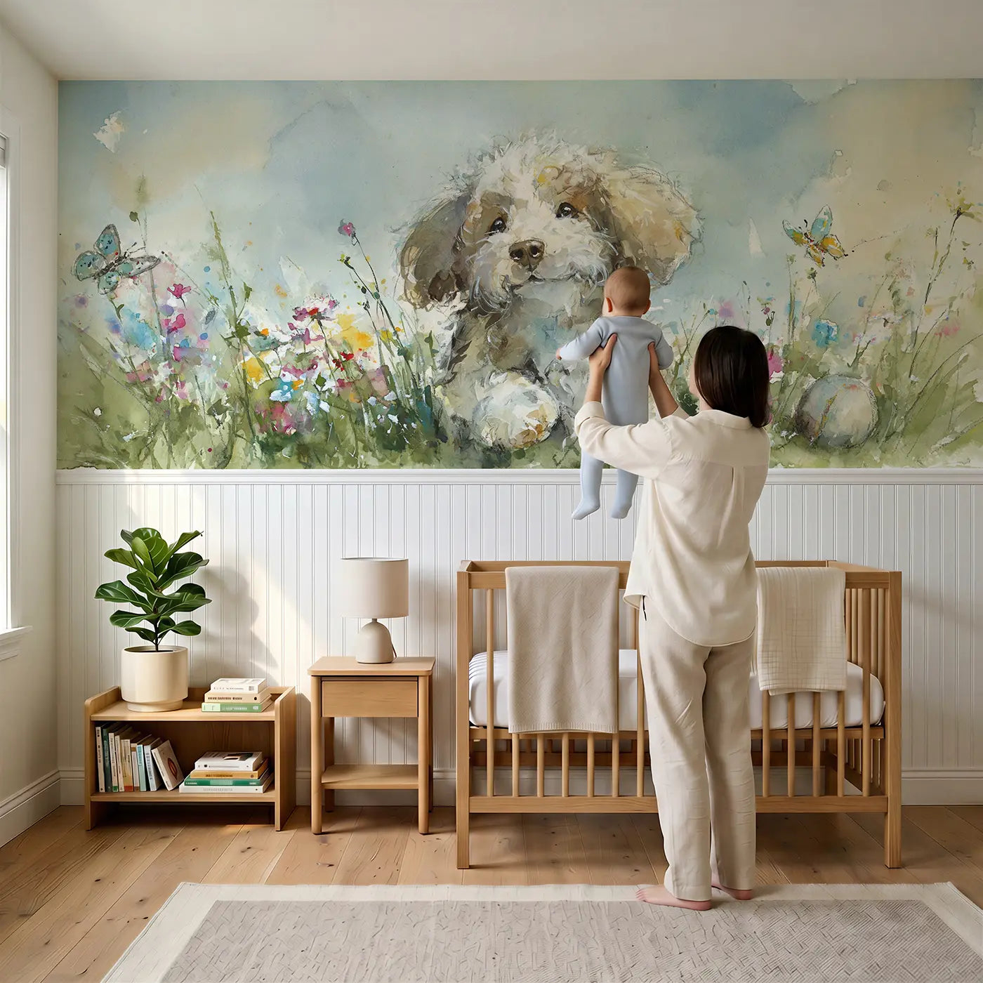 Child reading near Puppy Garden Play Day Wainscoting Wallpaper by Whimsy Tots