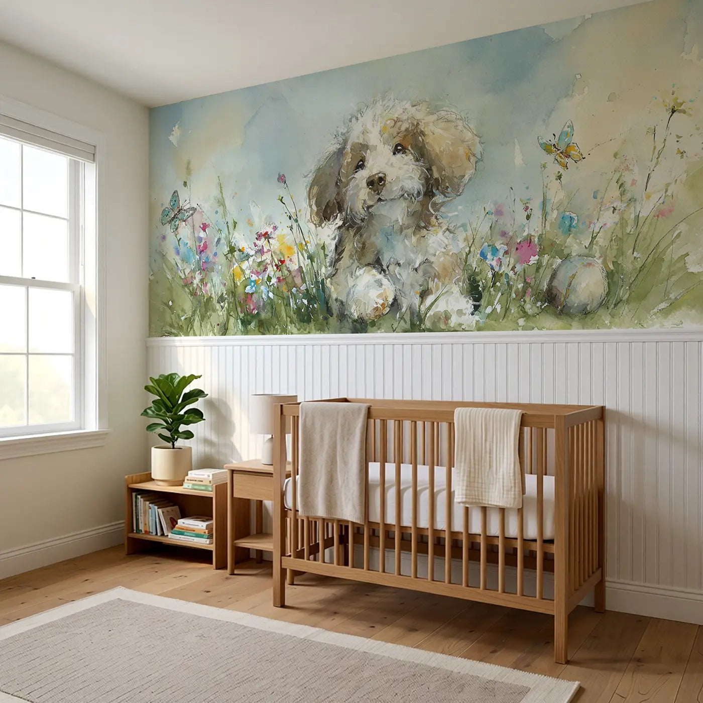 Puppy Garden Play Day Wainscoting Wallpaper styled in a kids bedroom by Whimsy Tots