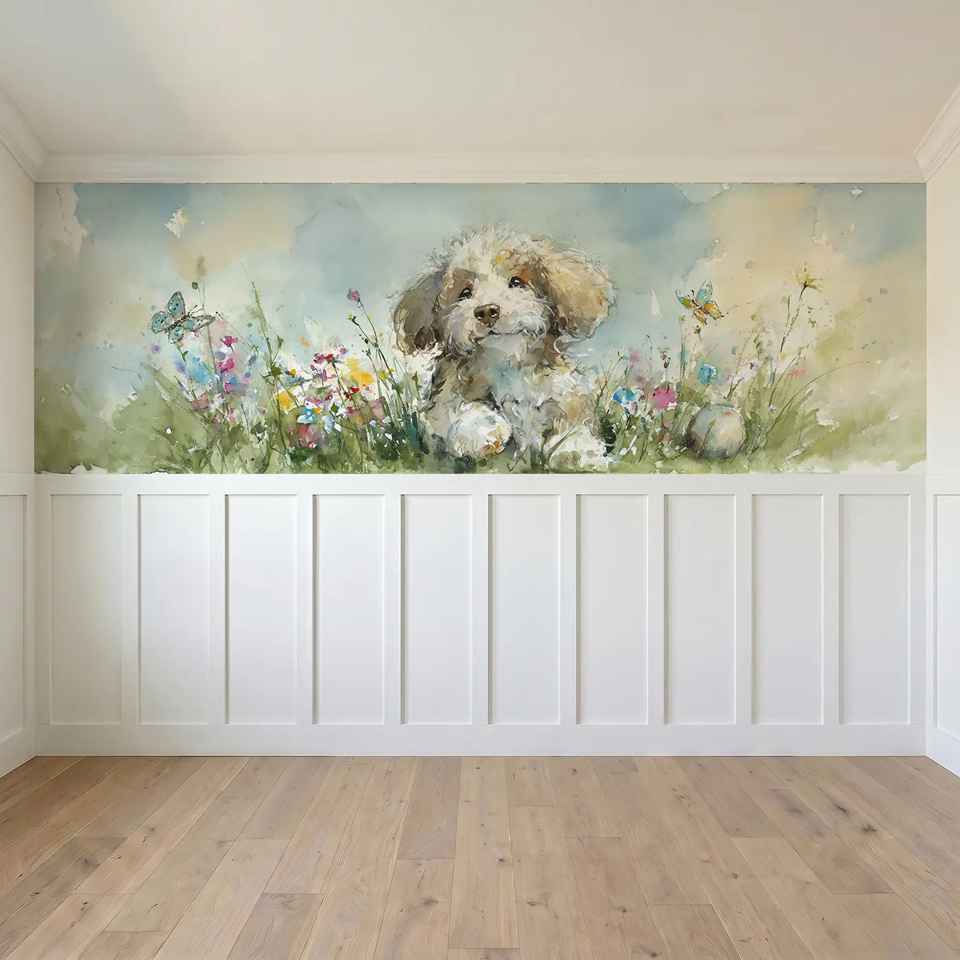 Full panel view of Puppy Garden Play Day Wainscoting Wallpaper by Whimsy Tots