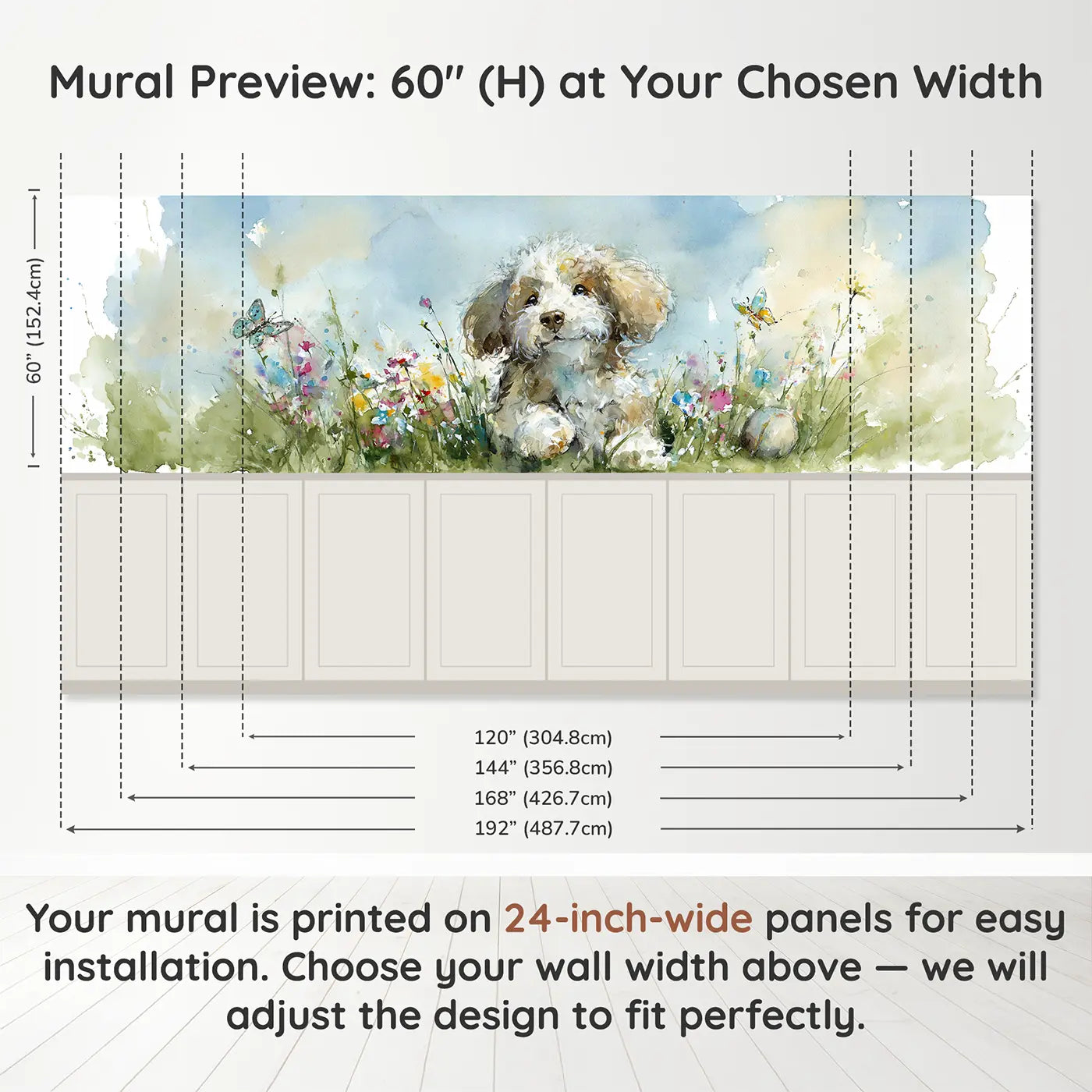 Panel dimensions for Puppy Garden Play Day Wainscoting Wallpaper by Whimsy Tots