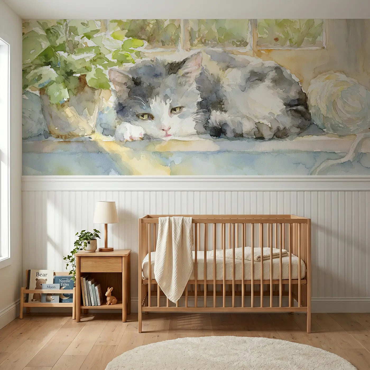 Watercolor kitten window sill nap wainscoting wallpaper for nursery by Whimsy Tots