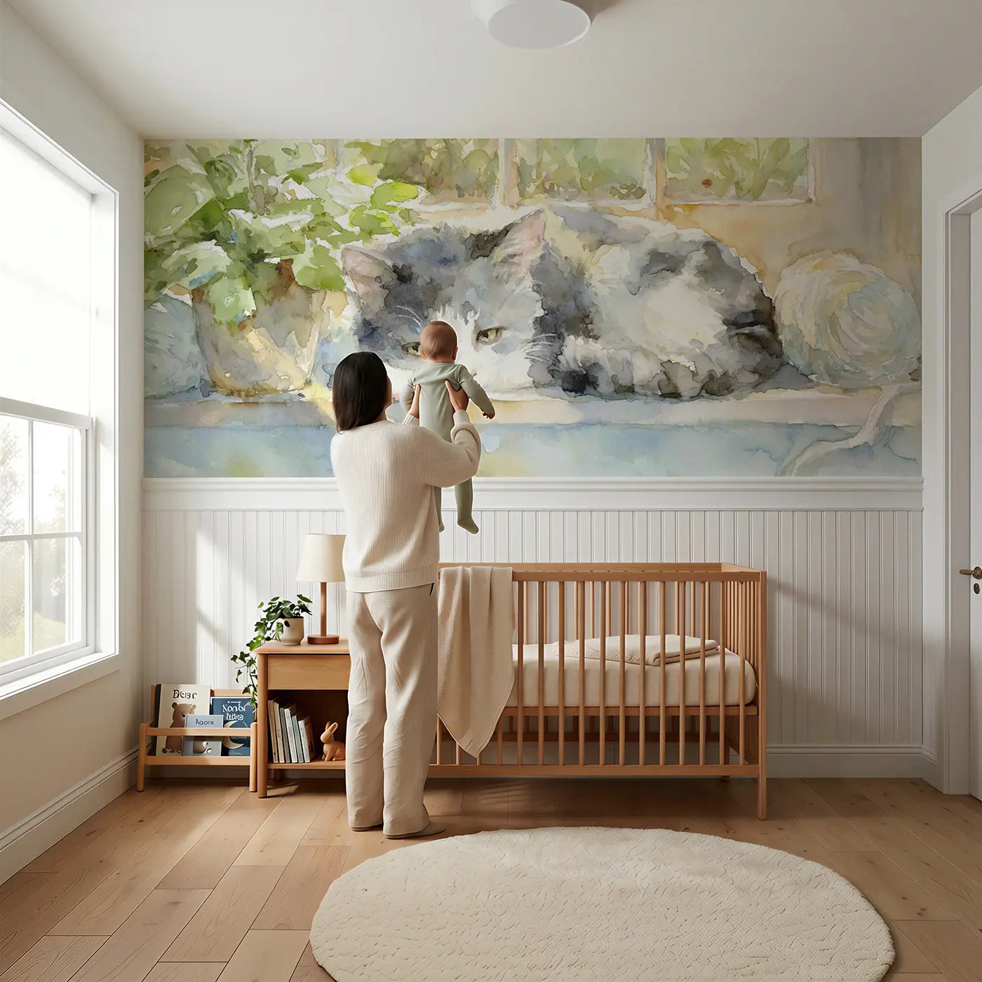 Child reading near Kitten Window Sill Nap Wainscoting Wallpaper by Whimsy Tots