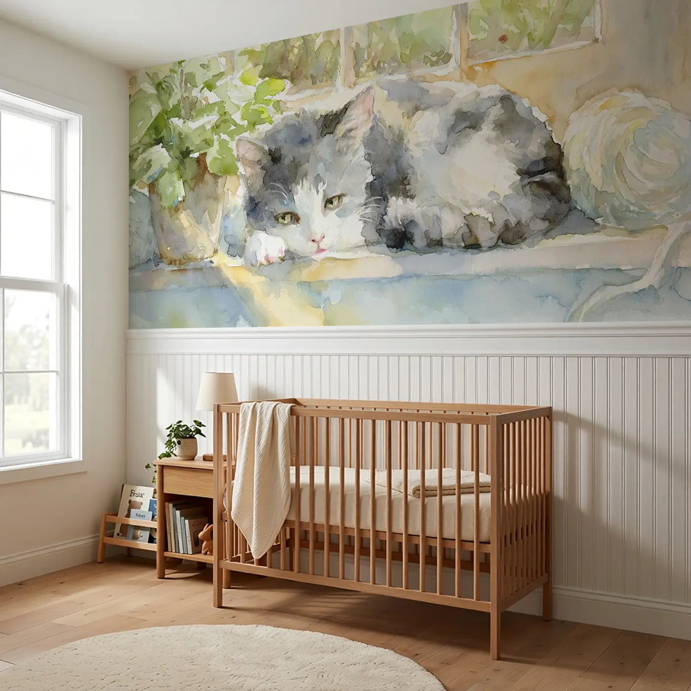 Kitten Window Sill Nap Wainscoting Wallpaper styled in a kids bedroom by Whimsy Tots