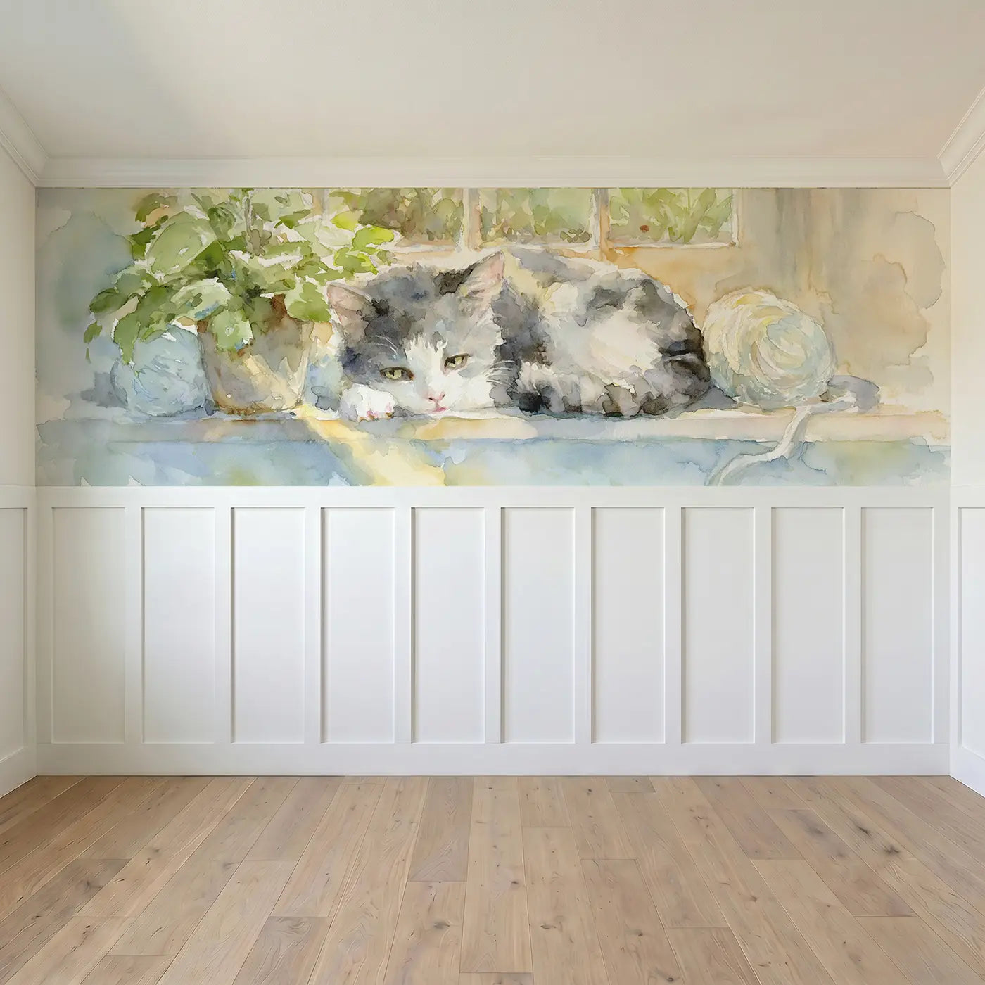 Full panel view of Kitten Window Sill Nap Wainscoting Wallpaper by Whimsy Tots