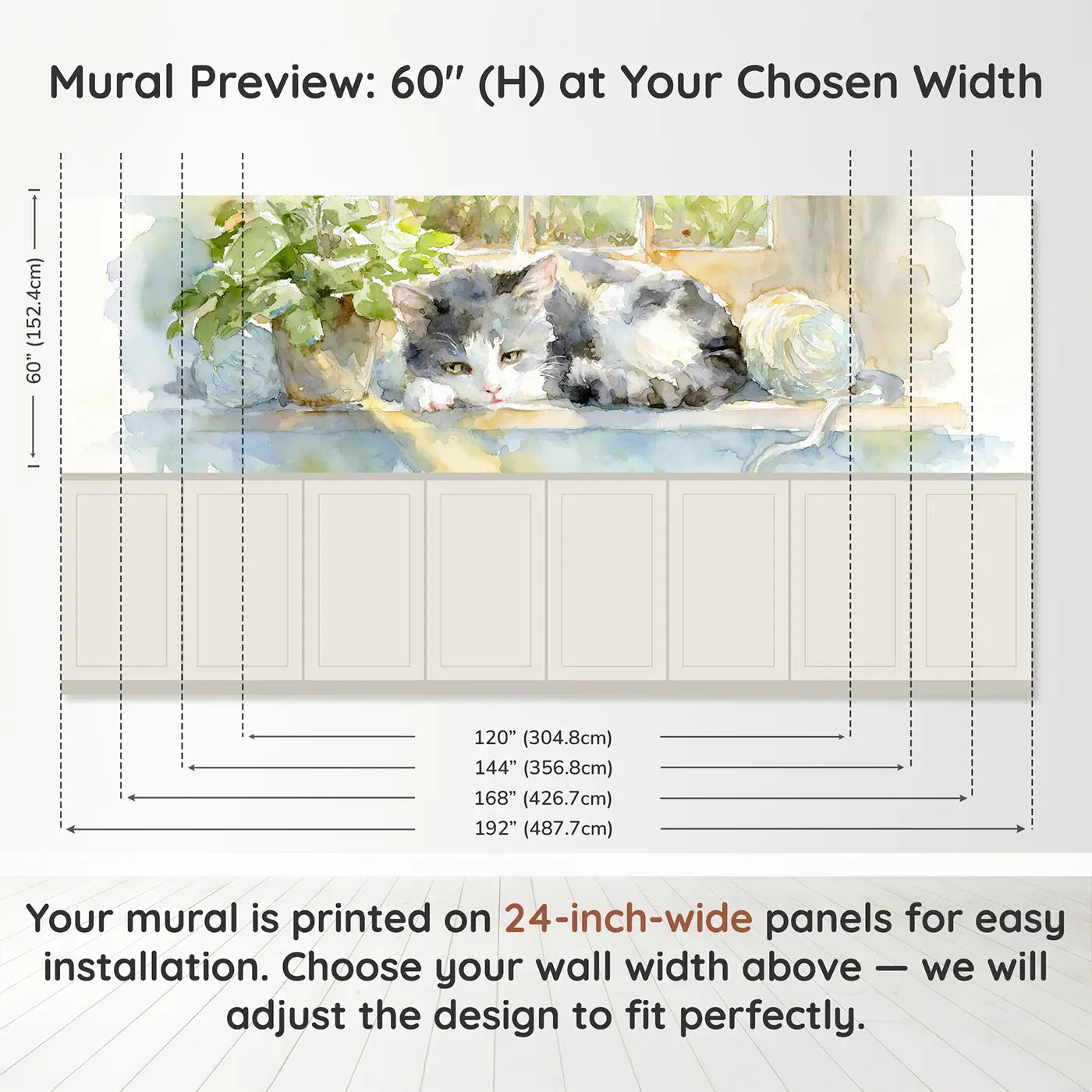 Panel dimensions for Kitten Window Sill Nap Wainscoting Wallpaper by Whimsy Tots