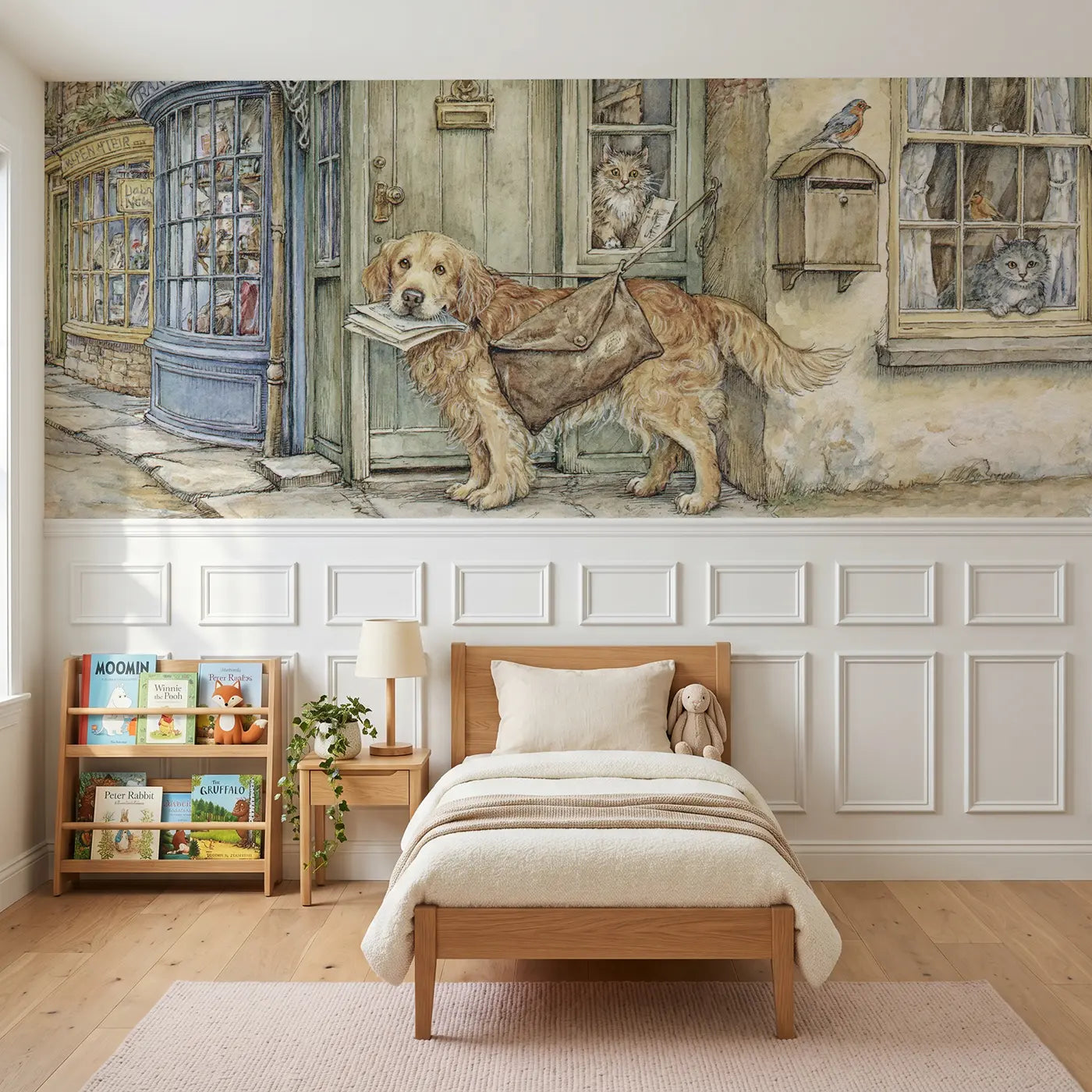 Storybook dog post office letter run wainscoting wallpaper for bedroom by Whimsy Tots