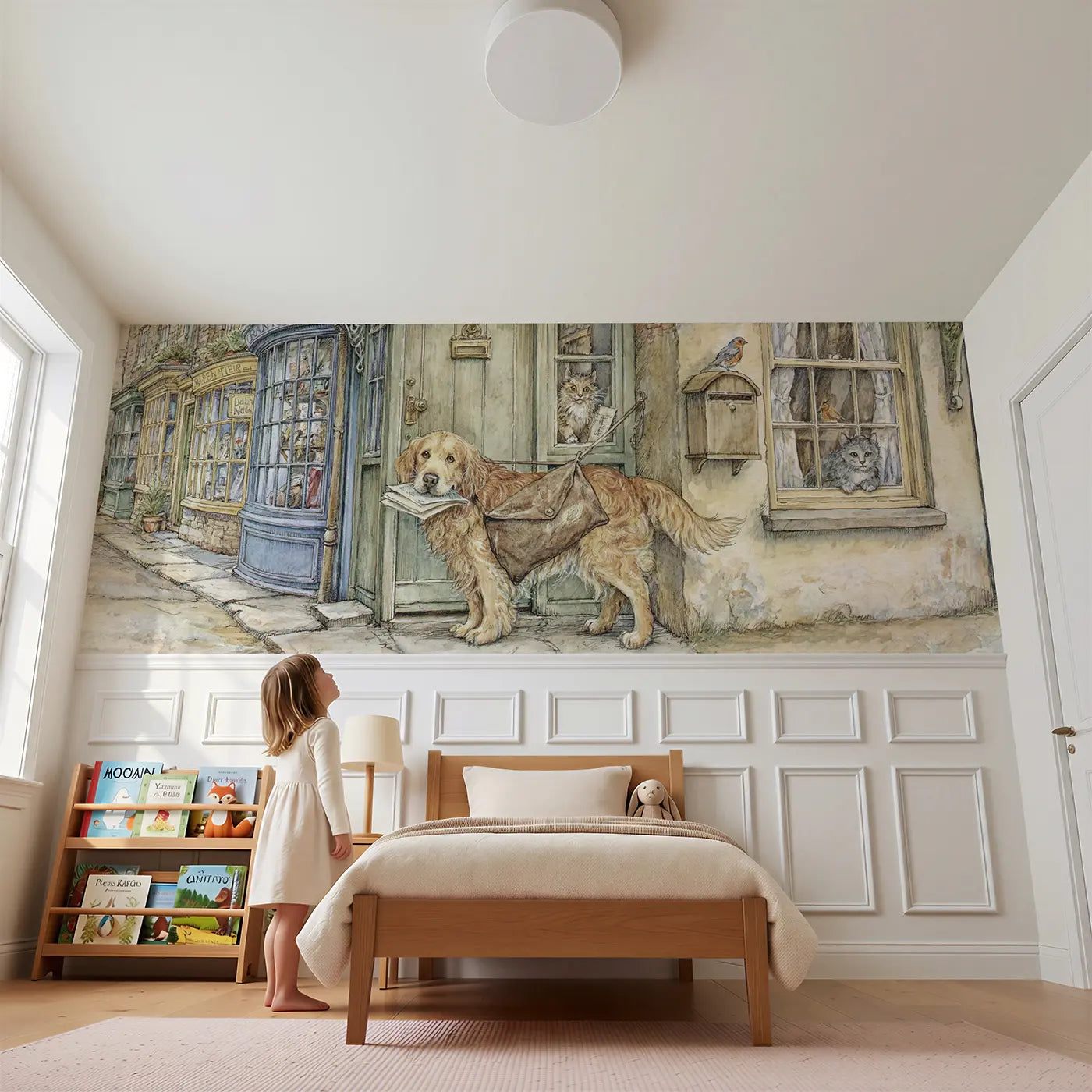 Child reading near Dog Post Office Letter Run Wainscoting Wallpaper by Whimsy Tots