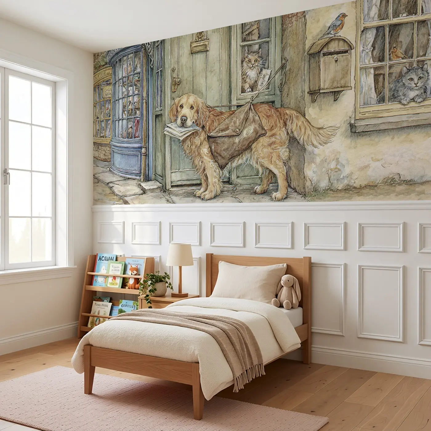 Dog Post Office Letter Run Wainscoting Wallpaper styled in a kids bedroom by Whimsy Tots