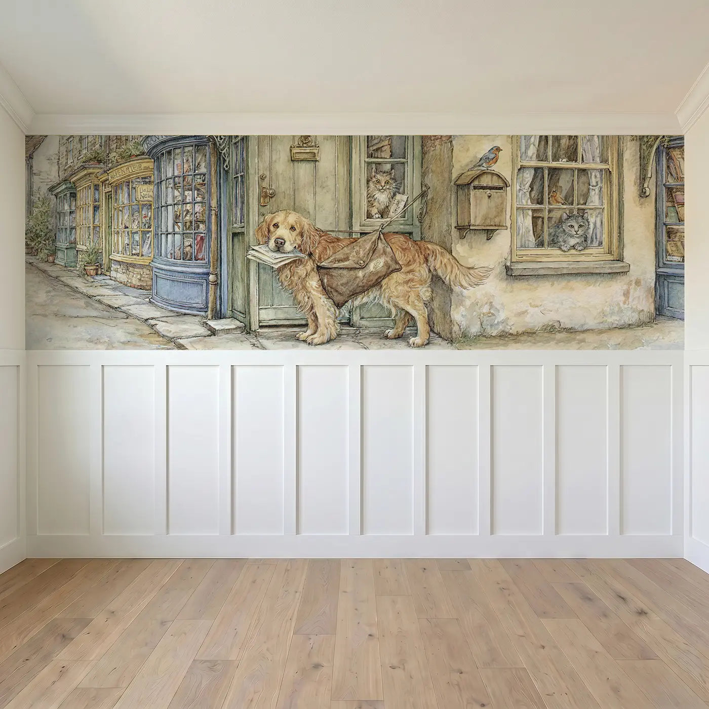 Full panel view of Dog Post Office Letter Run Wainscoting Wallpaper by Whimsy Tots