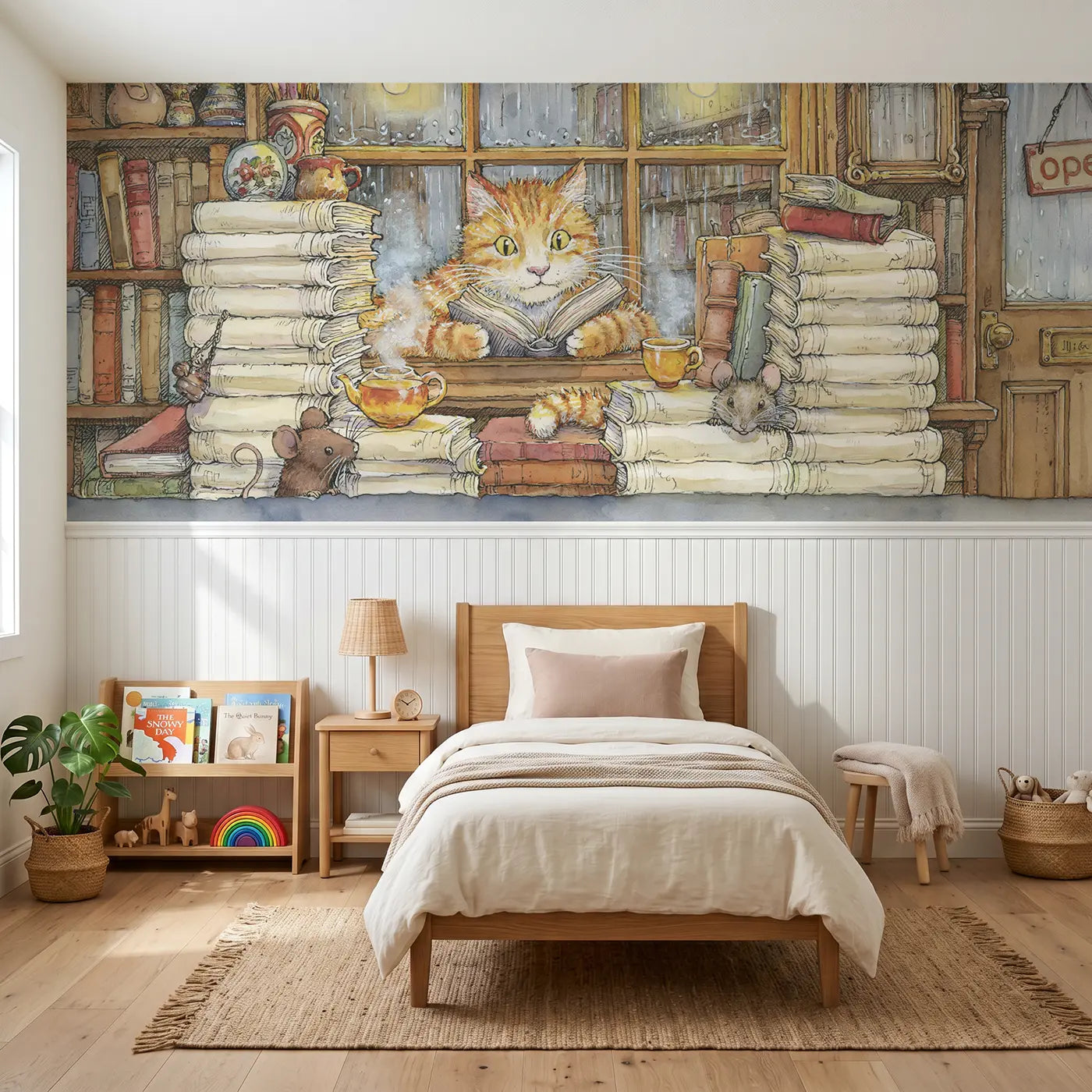 Storybook cat bookshop window read wainscoting wallpaper for bedroom by Whimsy Tots