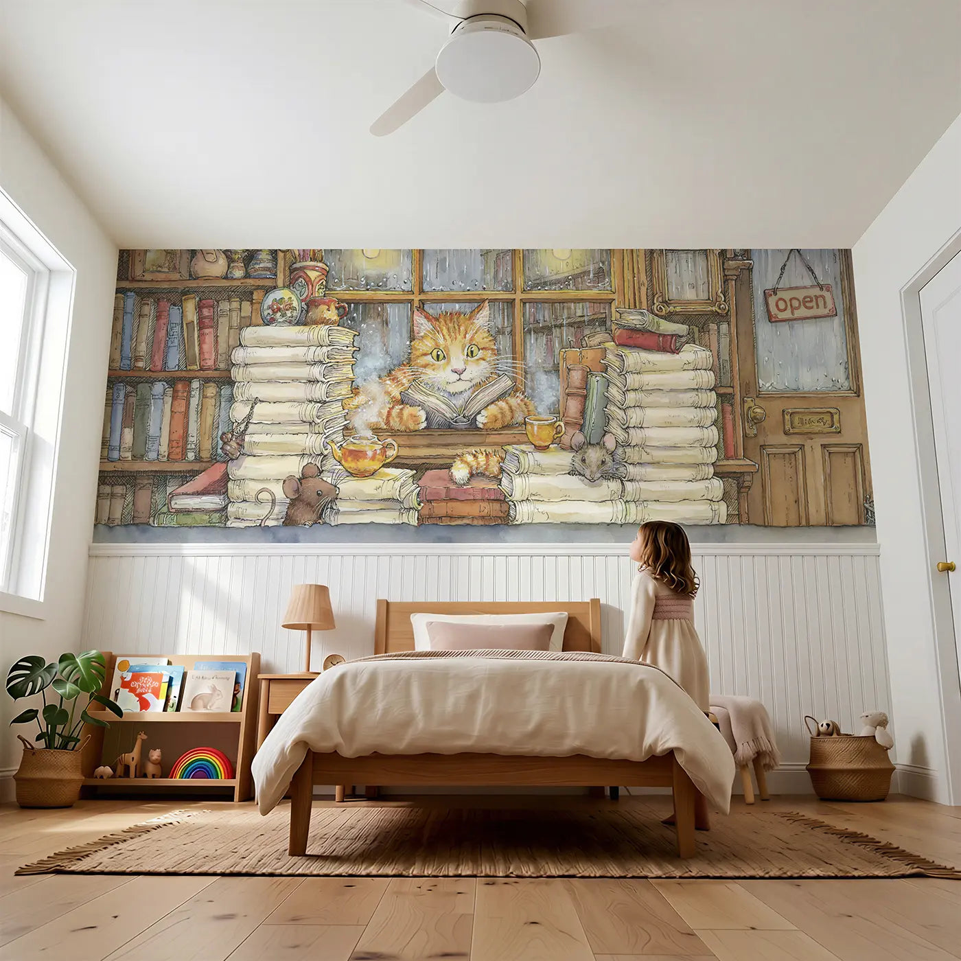 Child reading near Cat Bookshop Window Read Wainscoting Wallpaper by Whimsy Tots