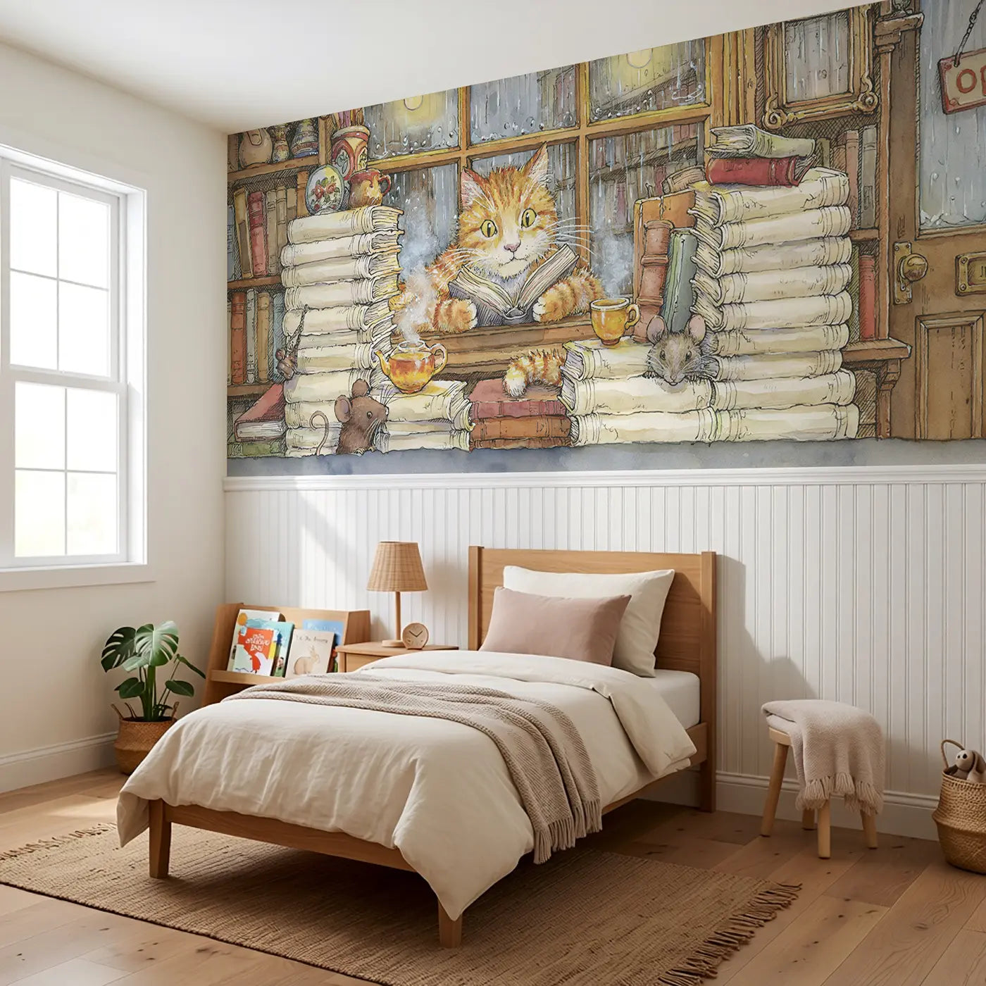 Cat Bookshop Window Read Wainscoting Wallpaper styled in a kids bedroom by Whimsy Tots