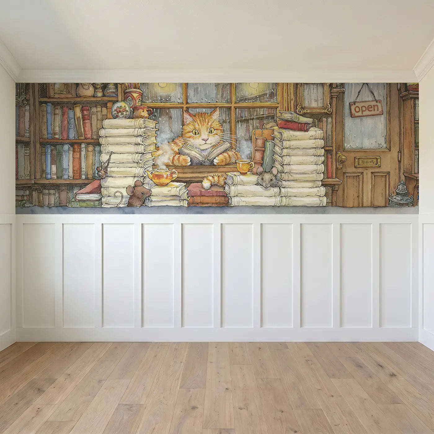 Full panel view of Cat Bookshop Window Read Wainscoting Wallpaper by Whimsy Tots