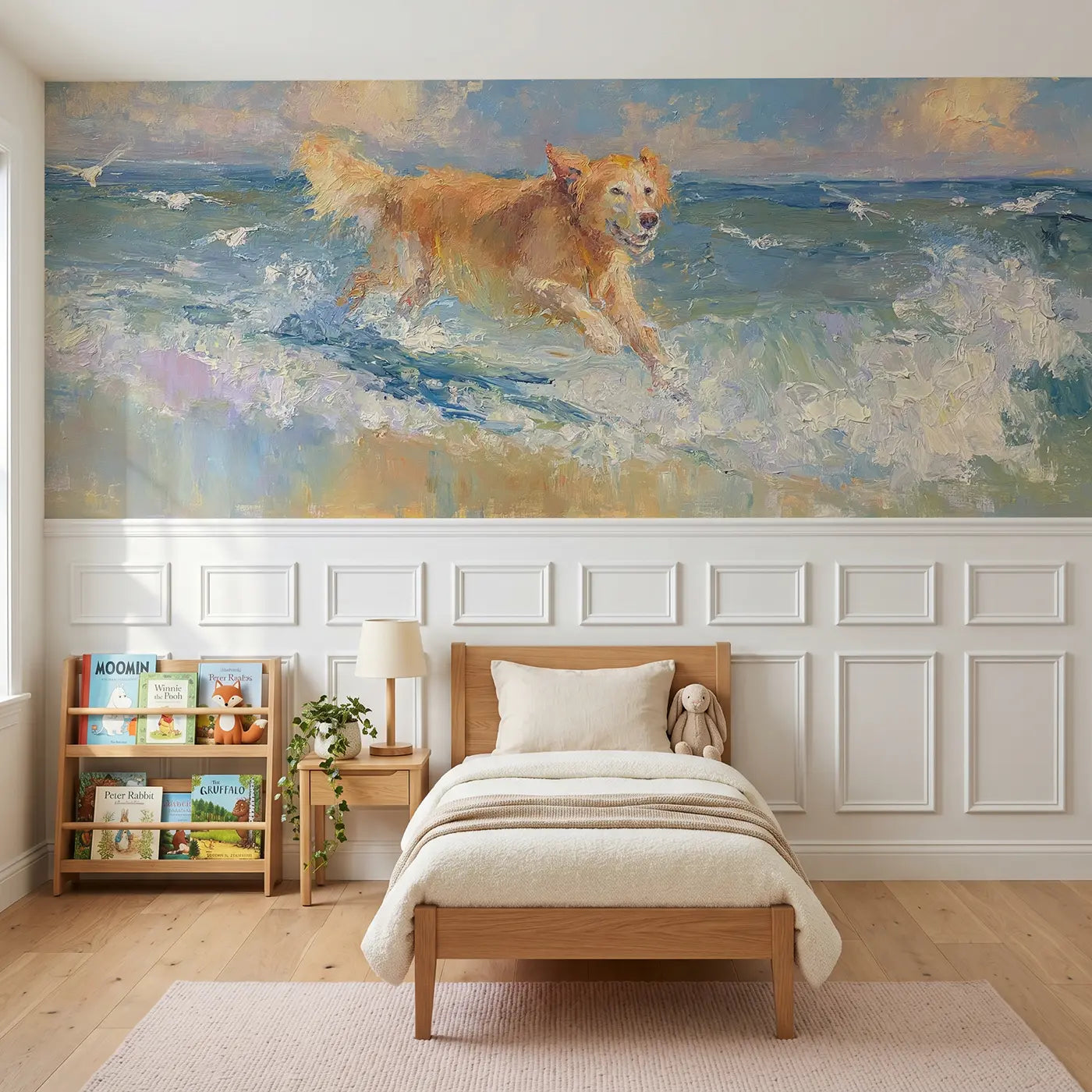 Painted Landscape golden retriever beach run wainscoting wallpaper for bedroom by Whimsy Tots