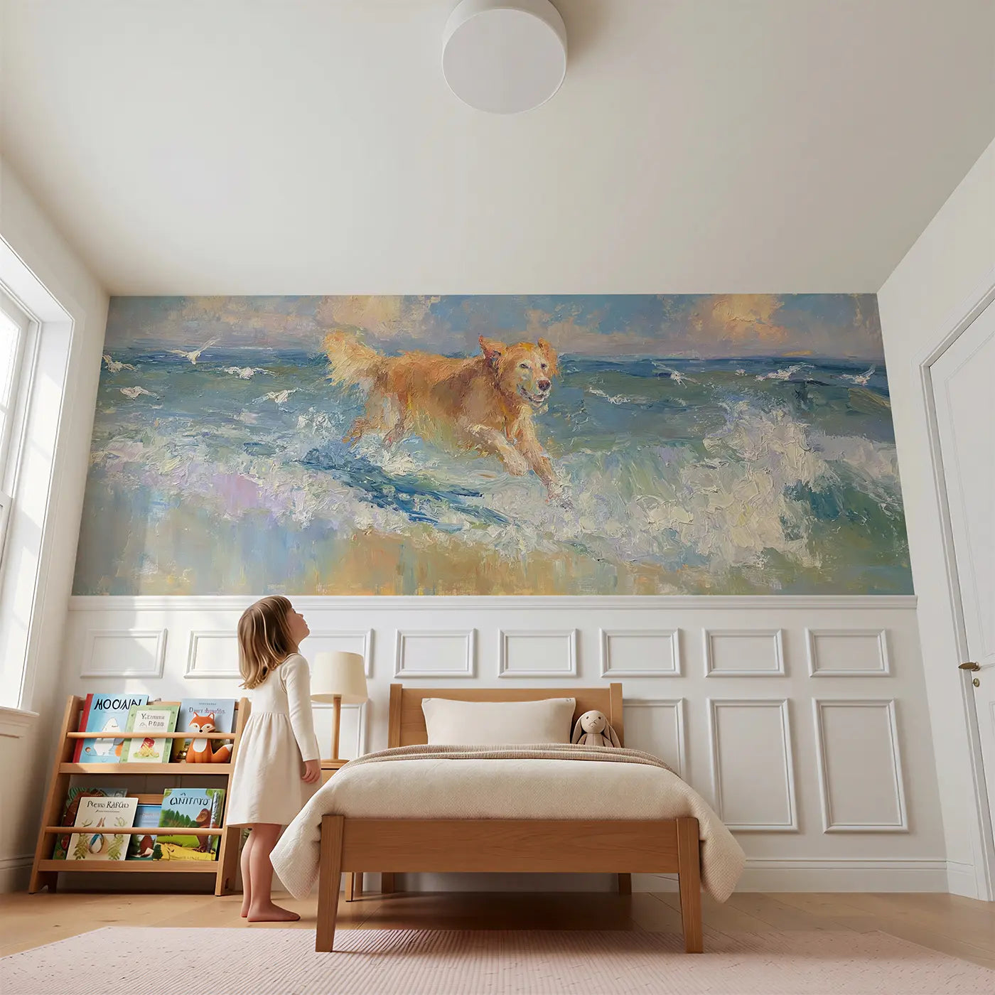 Child reading near Golden Retriever Beach Run Wainscoting Wallpaper by Whimsy Tots