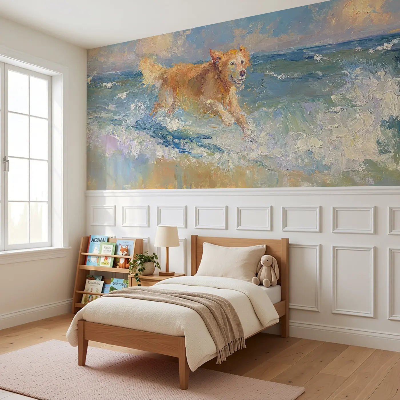 Golden Retriever Beach Run Wainscoting Wallpaper styled in a kids bedroom by Whimsy Tots