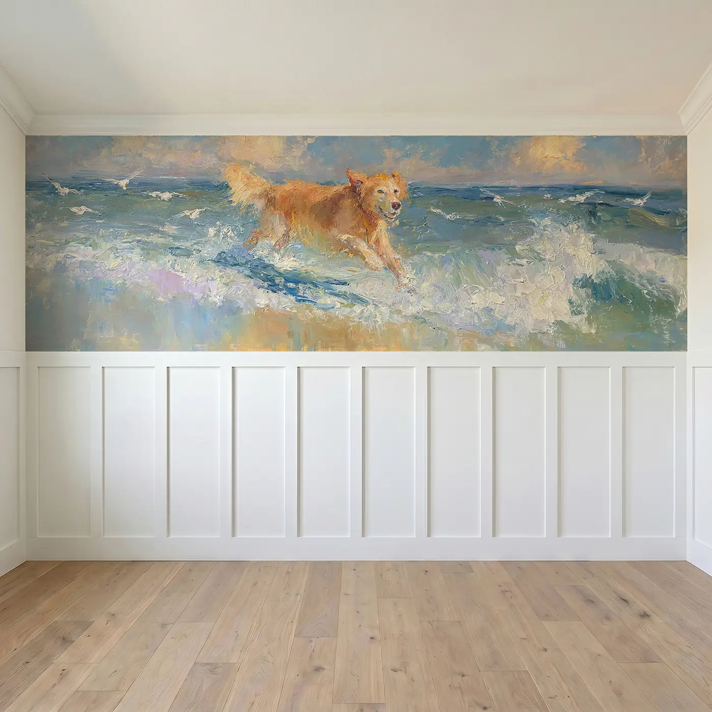 Full panel view of Golden Retriever Beach Run Wainscoting Wallpaper by Whimsy Tots