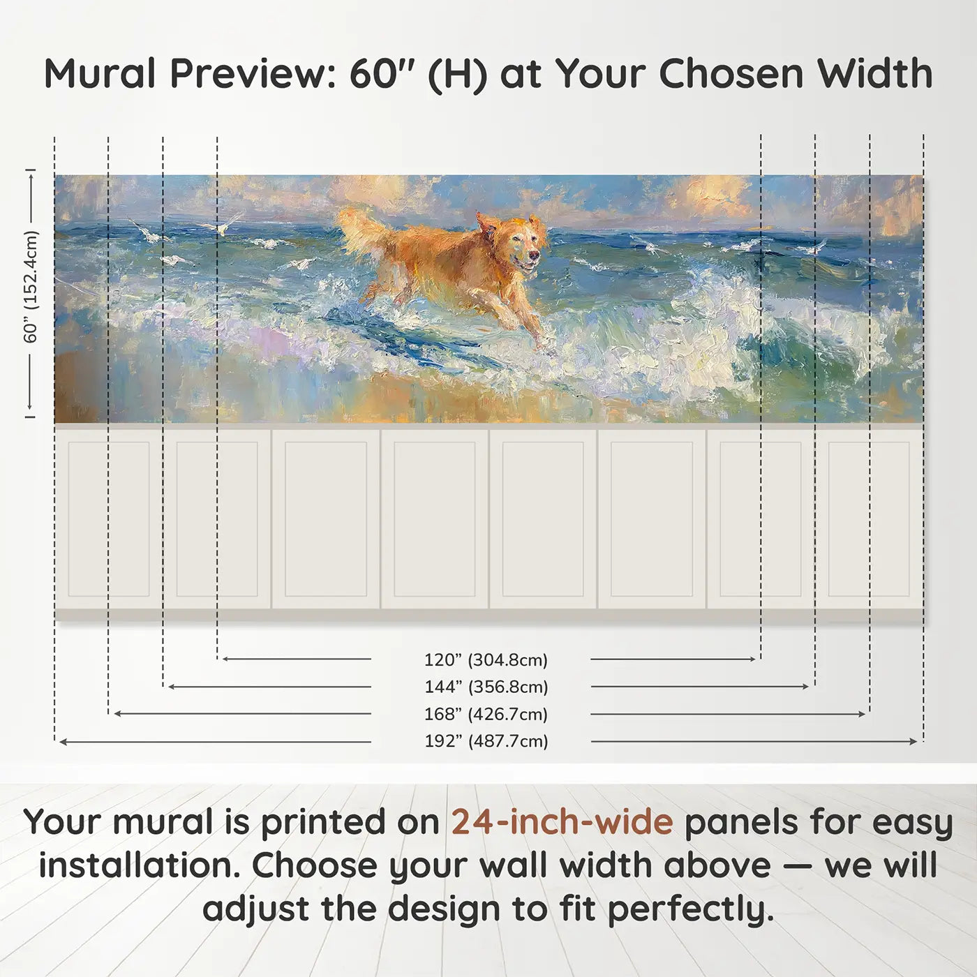 Panel dimensions for Golden Retriever Beach Run Wainscoting Wallpaper by Whimsy Tots