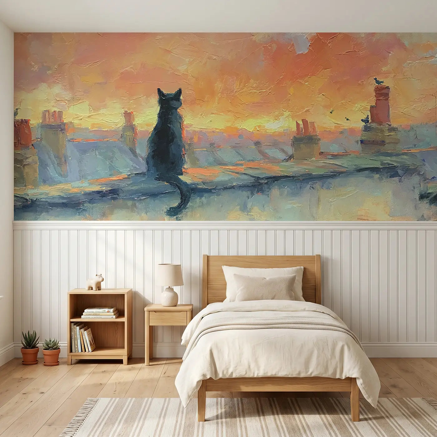 Painted Landscape cat rooftop sunset watch wainscoting wallpaper for bedroom by Whimsy Tots