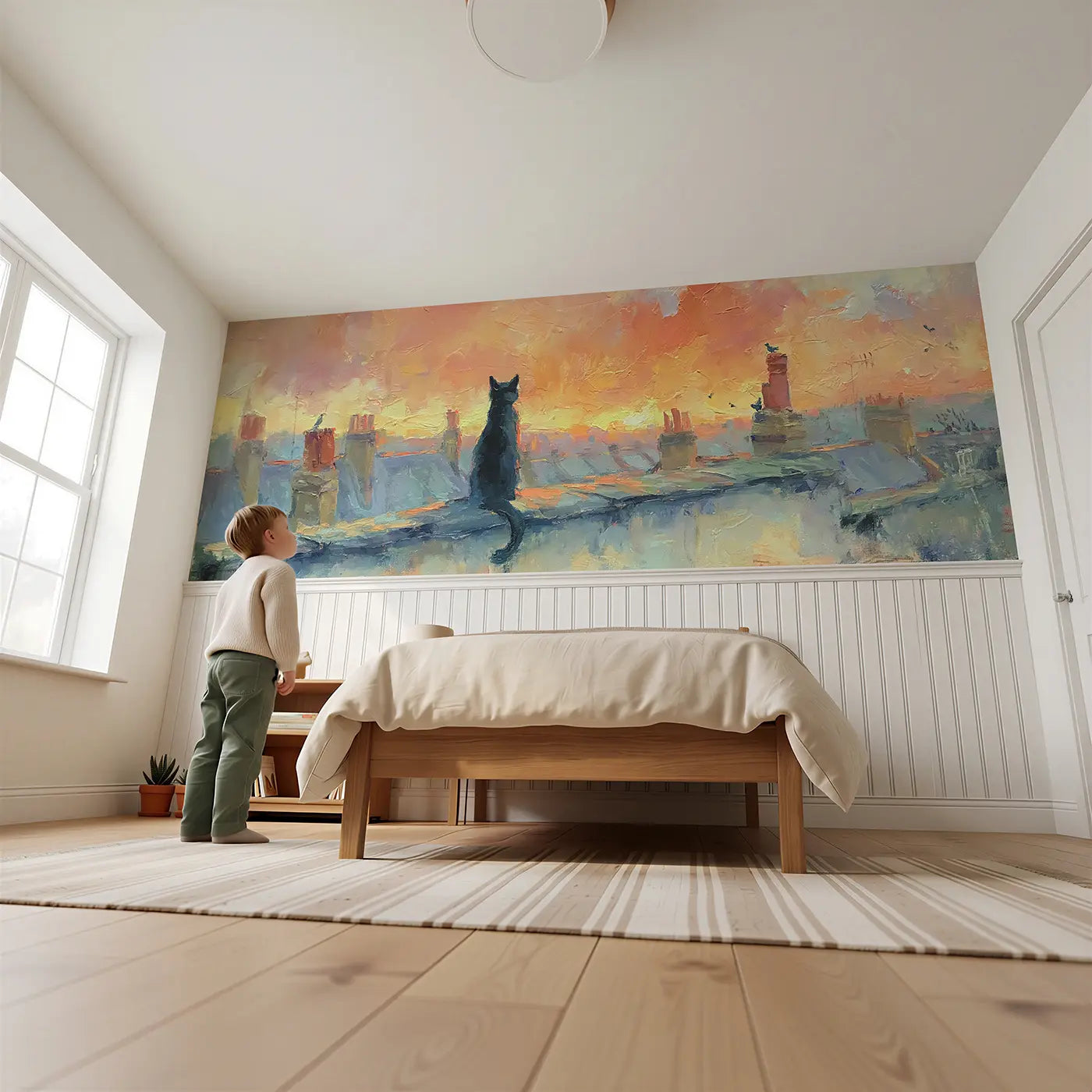 Child reading near Cat Rooftop Sunset Watch Wainscoting Wallpaper by Whimsy Tots