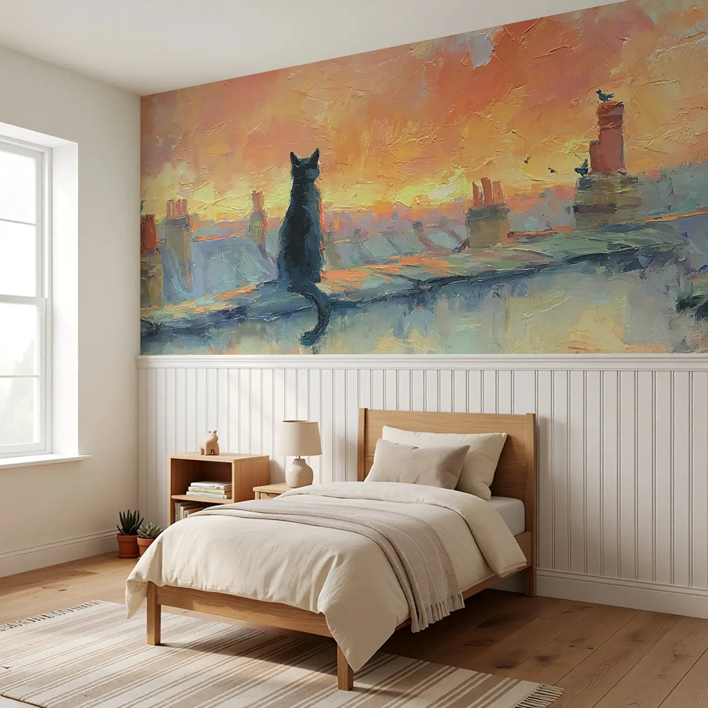 Cat Rooftop Sunset Watch Wainscoting Wallpaper styled in a kids bedroom by Whimsy Tots