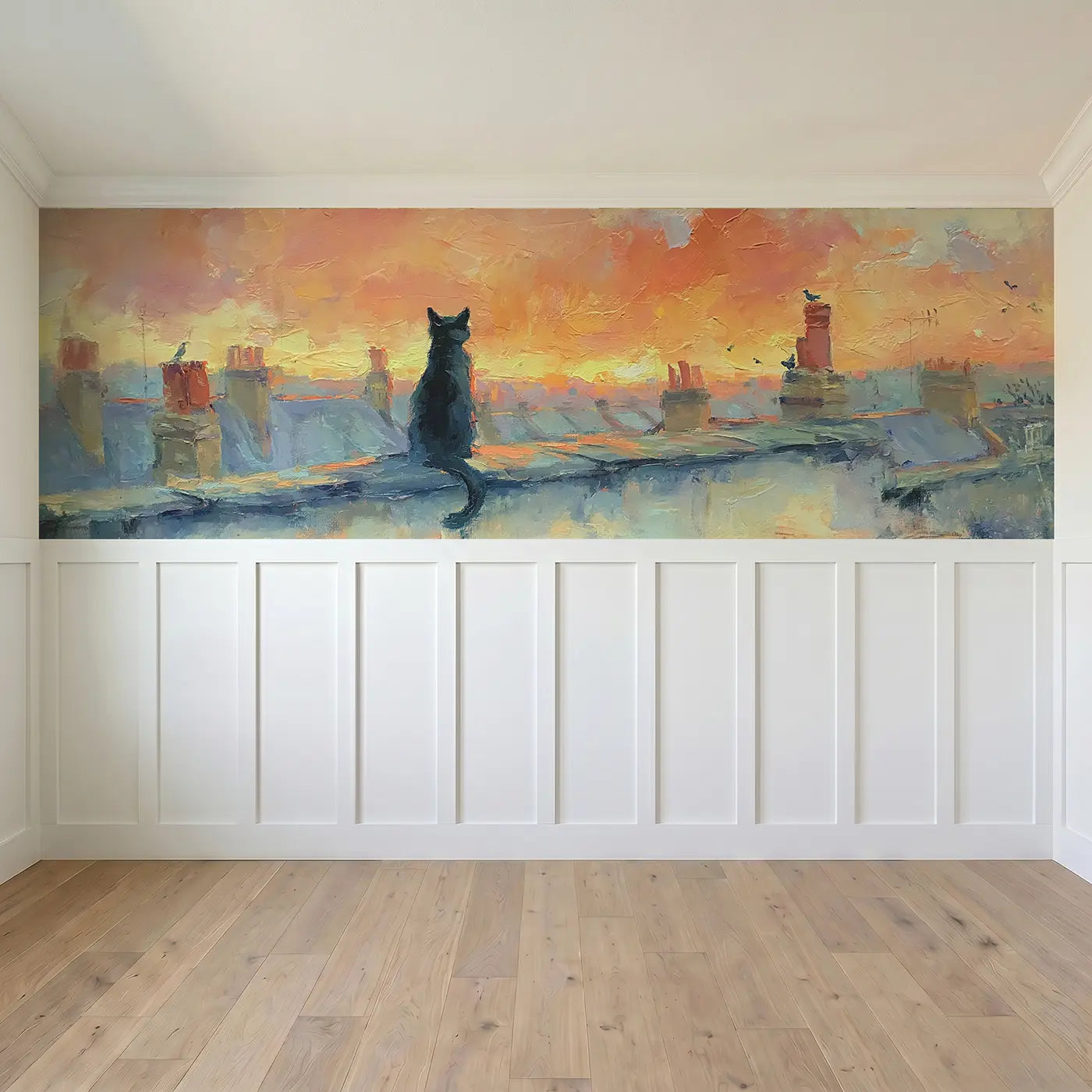 Full panel view of Cat Rooftop Sunset Watch Wainscoting Wallpaper by Whimsy Tots