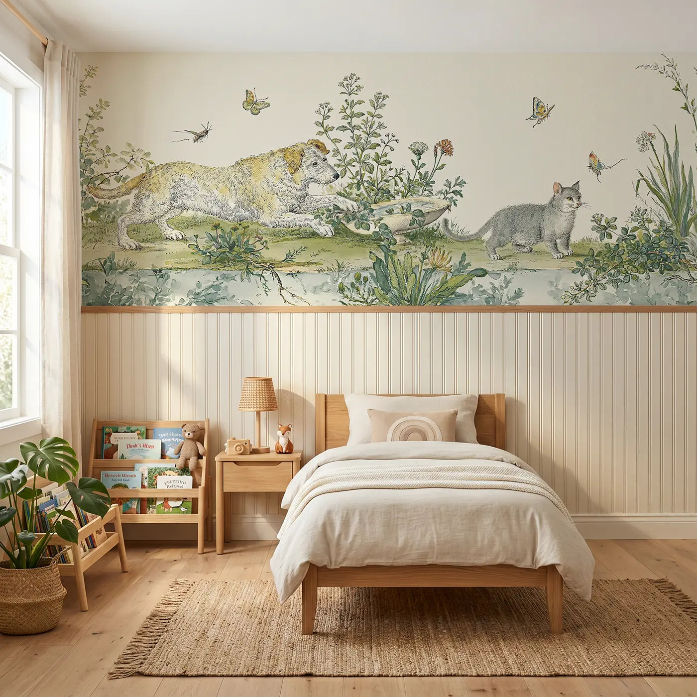Botanical Elegance cat and dog garden toile wainscoting wallpaper for nursery by Whimsy Tots