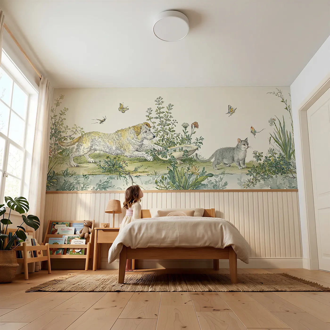 Child reading near Cat and Dog Garden Toile Wainscoting Wallpaper by Whimsy Tots