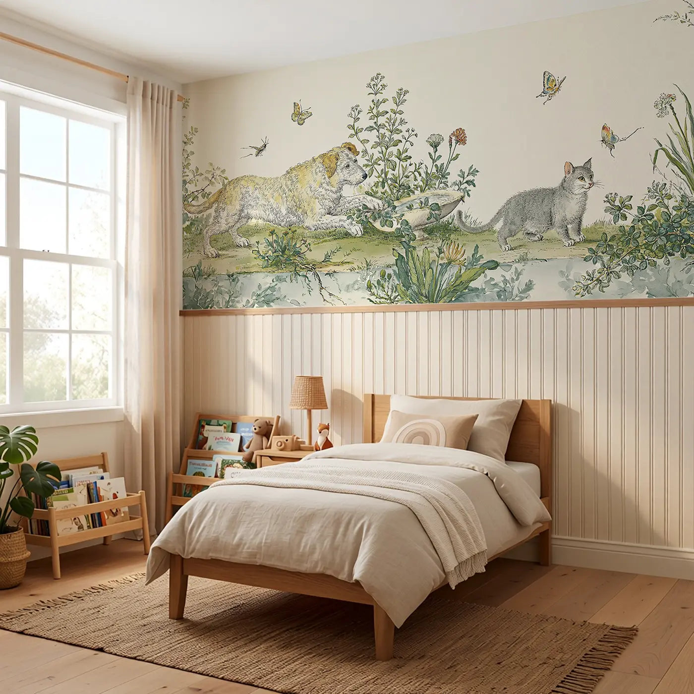 Cat and Dog Garden Toile Wainscoting Wallpaper styled in a kids bedroom by Whimsy Tots