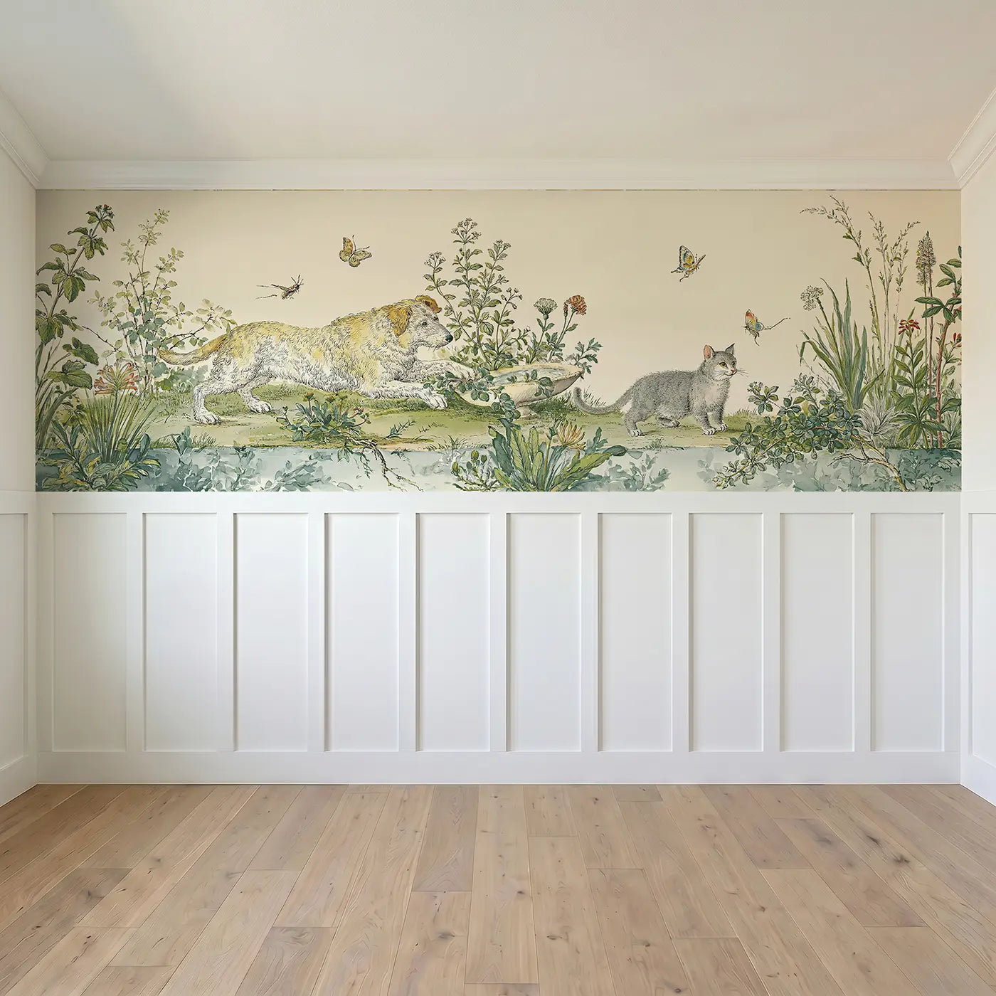 Full panel view of Cat and Dog Garden Toile Wainscoting Wallpaper by Whimsy Tots
