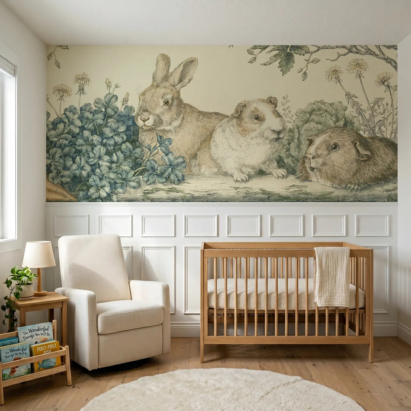 Botanical Elegance rabbit guinea pig hutch toile wainscoting wallpaper for nursery by Whimsy Tots