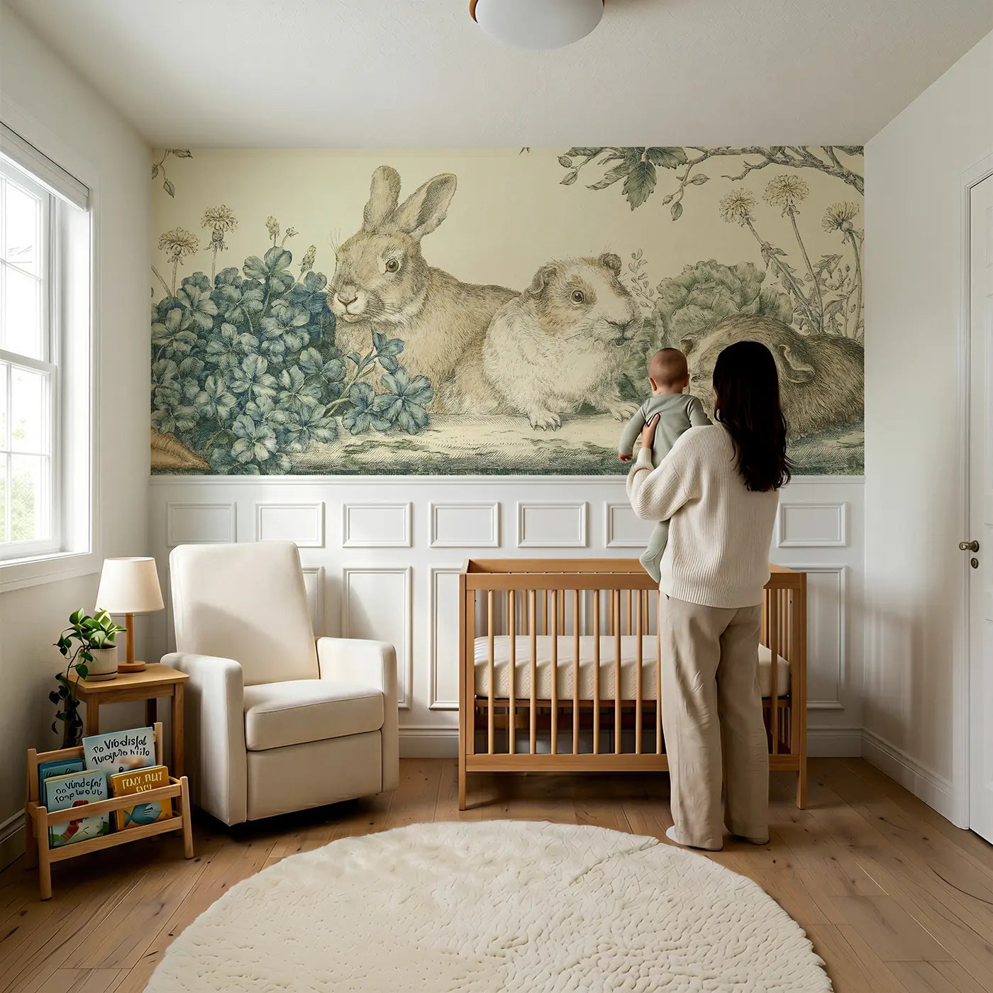 Child reading near Rabbit Guinea Pig Hutch Toile Wainscoting Wallpaper by Whimsy Tots