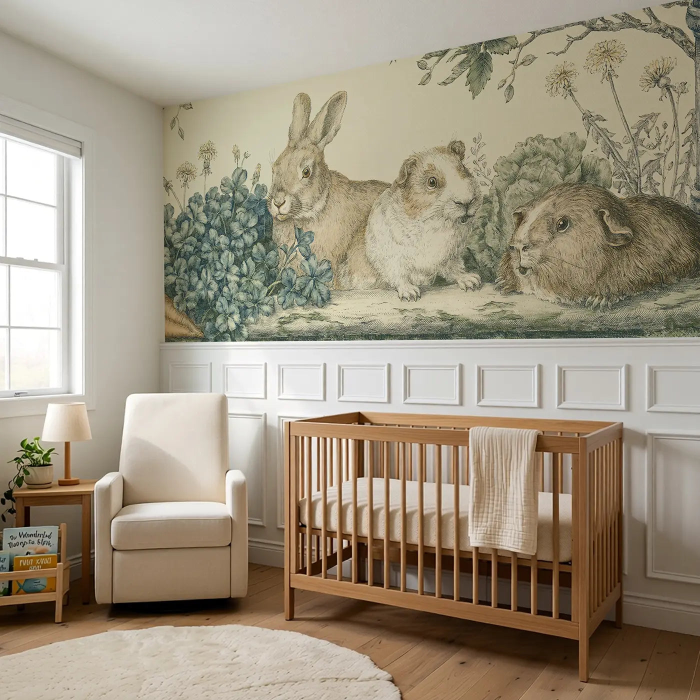 Rabbit Guinea Pig Hutch Toile Wainscoting Wallpaper styled in a kids bedroom by Whimsy Tots