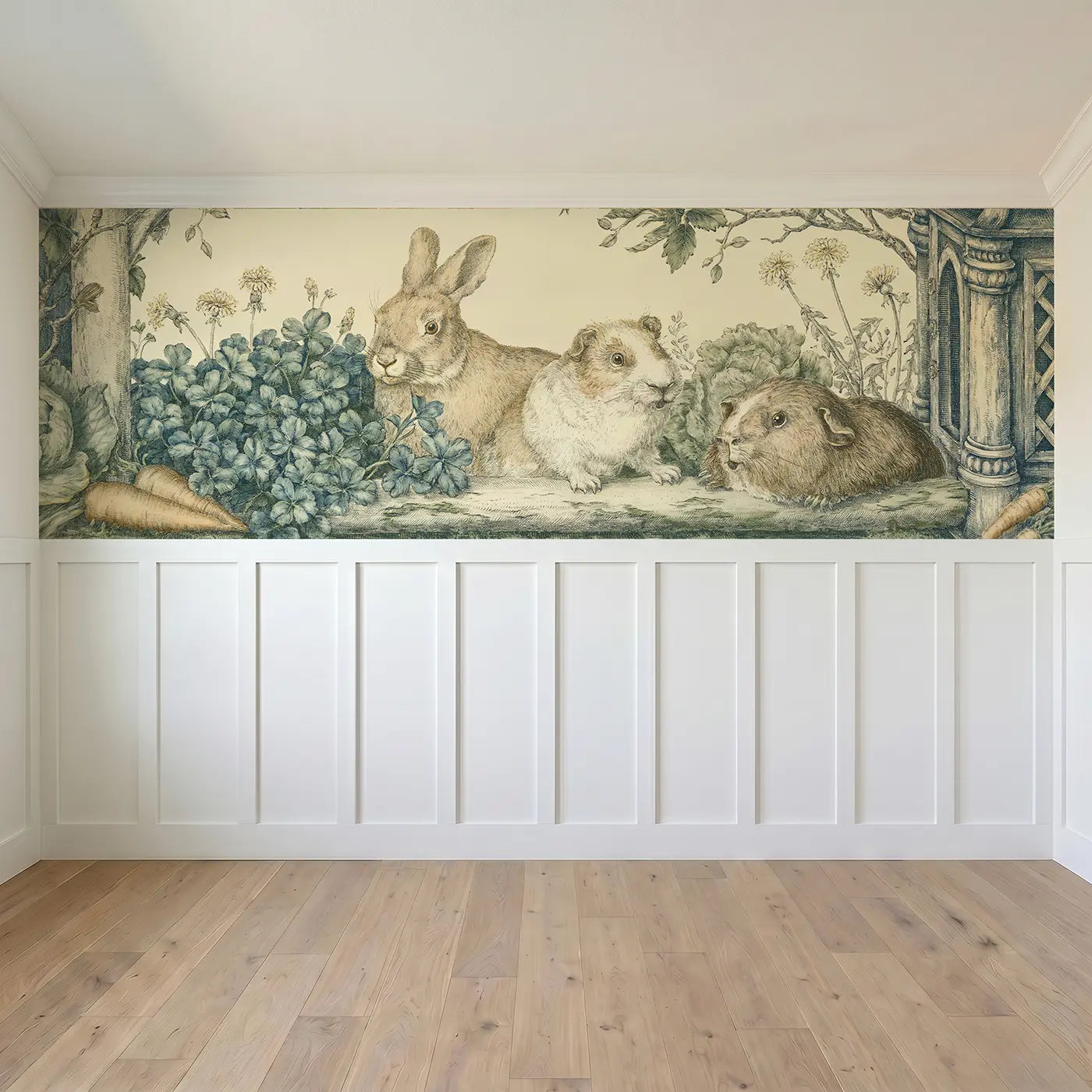 Full panel view of Rabbit Guinea Pig Hutch Toile Wainscoting Wallpaper by Whimsy Tots