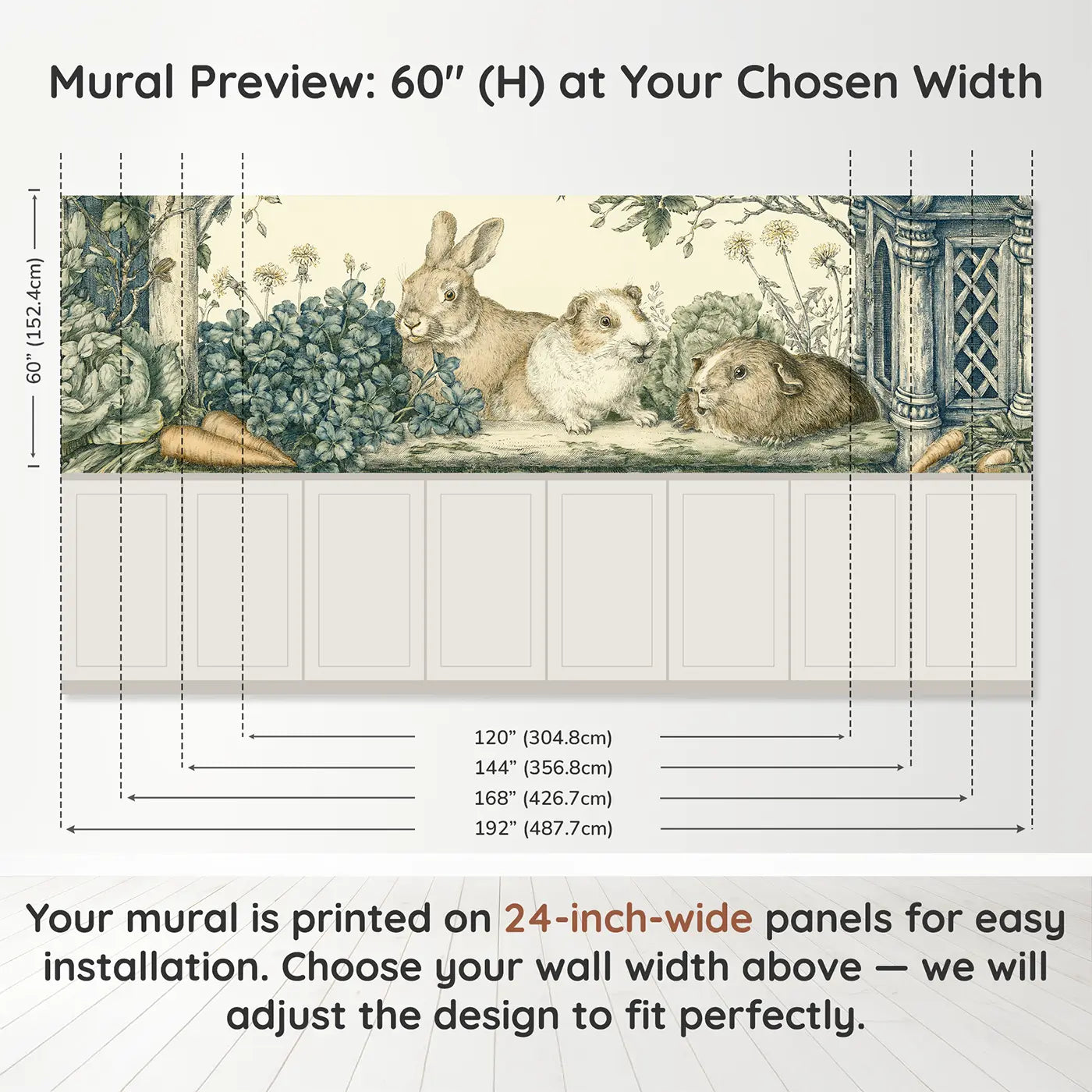 Panel dimensions for Rabbit Guinea Pig Hutch Toile Wainscoting Wallpaper by Whimsy Tots