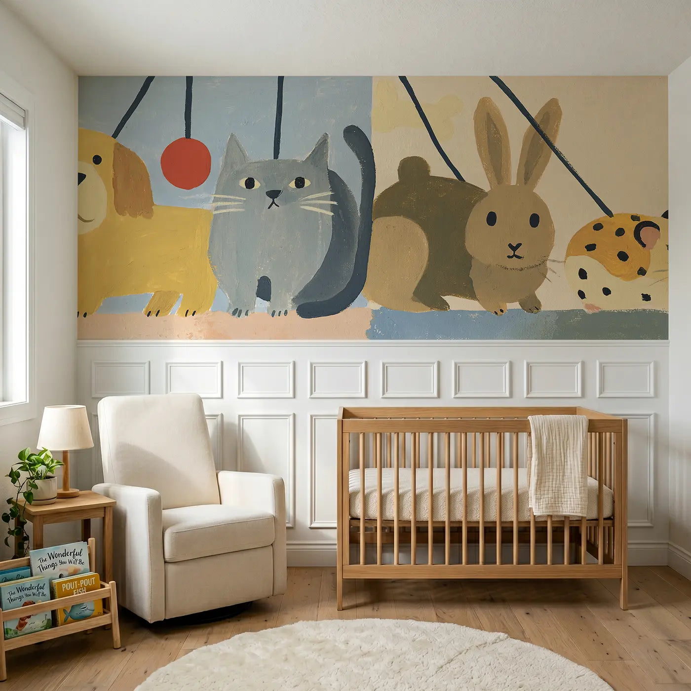 Modern Illustration pet parade row wainscoting wallpaper for nursery by Whimsy Tots