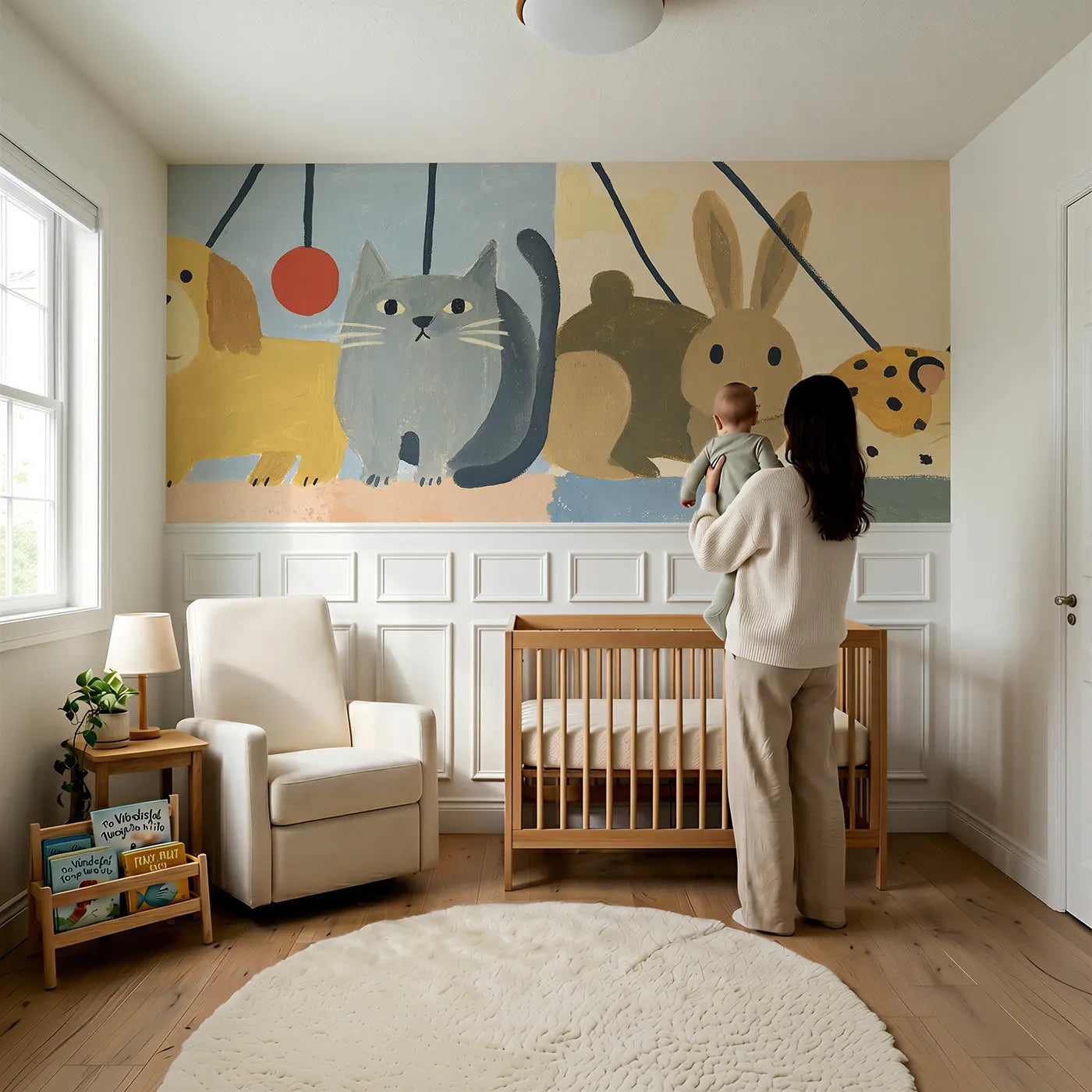 Child reading near Graphic Pet Parade Row Wainscoting Wallpaper by Whimsy Tots