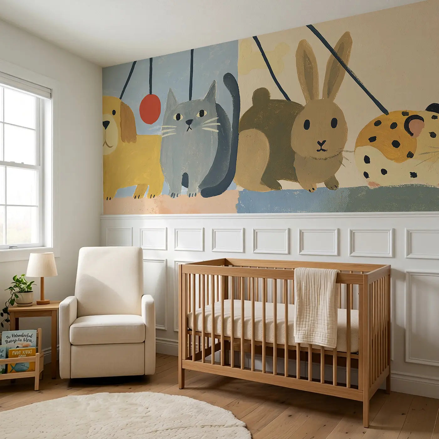 Graphic Pet Parade Row Wainscoting Wallpaper styled in a kids bedroom by Whimsy Tots