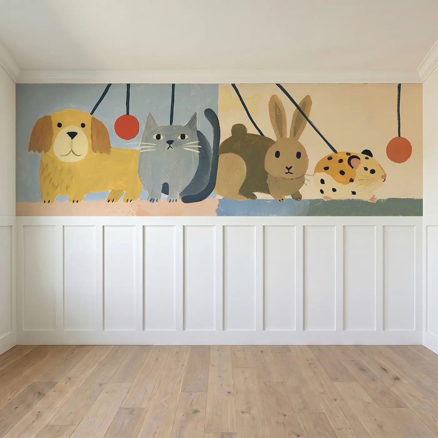 Full panel view of Graphic Pet Parade Row Wainscoting Wallpaper by Whimsy Tots