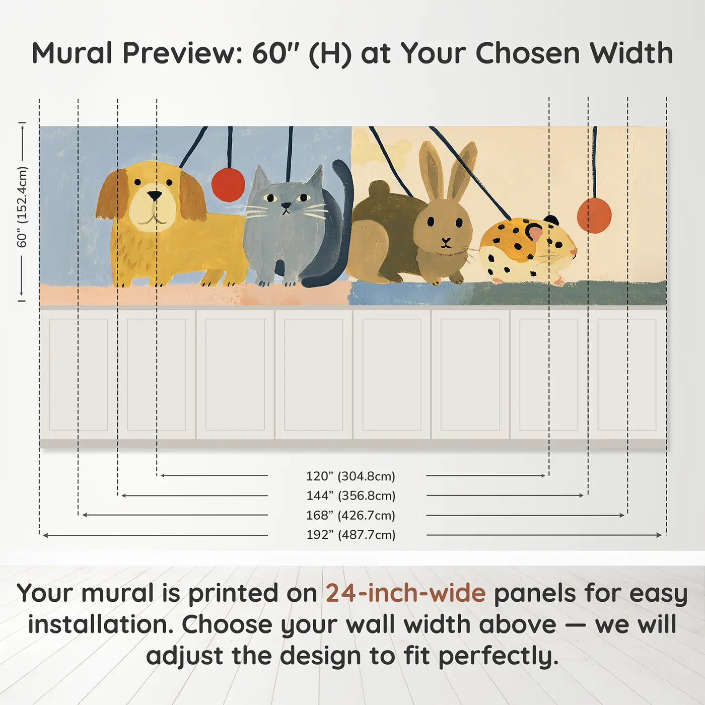 Panel dimensions for Graphic Pet Parade Row Wainscoting Wallpaper by Whimsy Tots