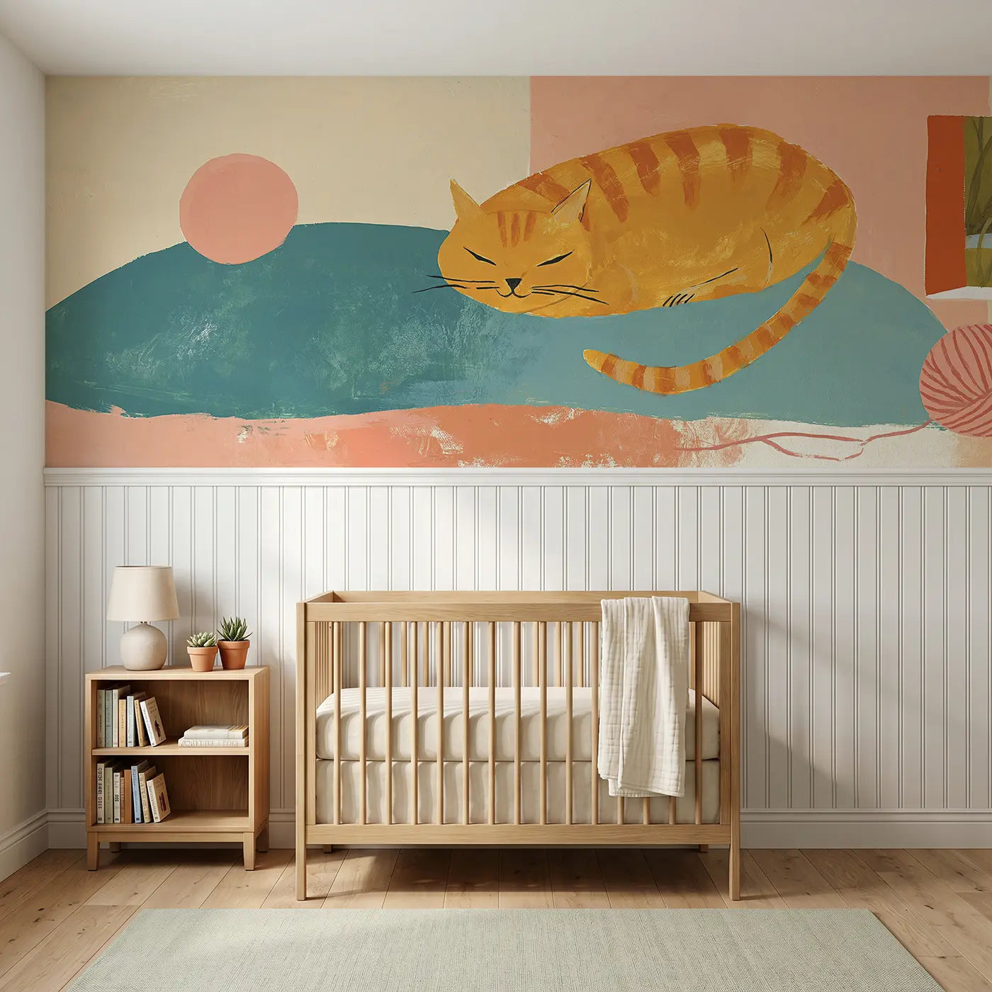 Modern Illustration cat nap cushion wainscoting wallpaper for nursery by Whimsy Tots