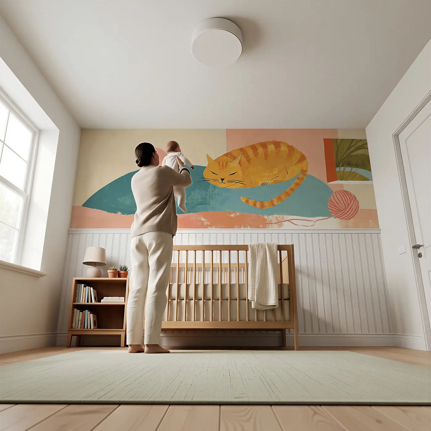 Child reading near Flat Cat Nap Cushion Wainscoting Wallpaper by Whimsy Tots